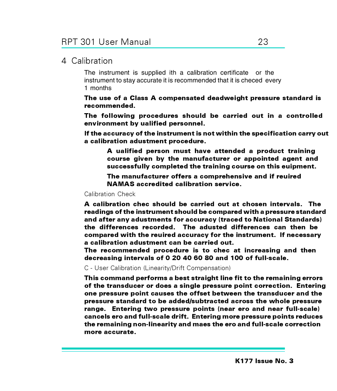 GE RPT 301 user manual  Calibration Check, User Calibration Linearity/Drift Compensation 