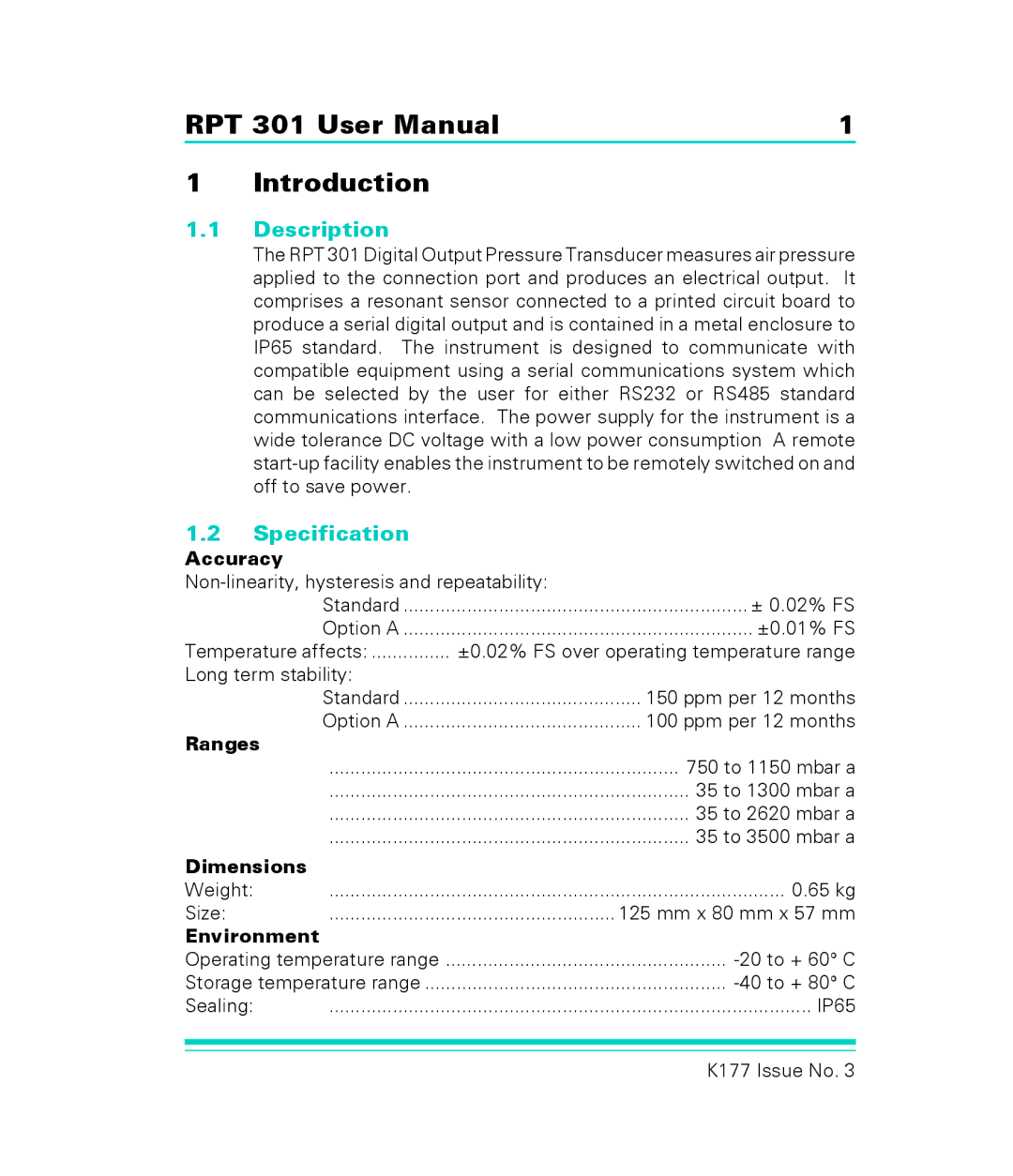 GE RPT 301 user manual Description, Specification, Accuracy, Ranges, Dimensions 