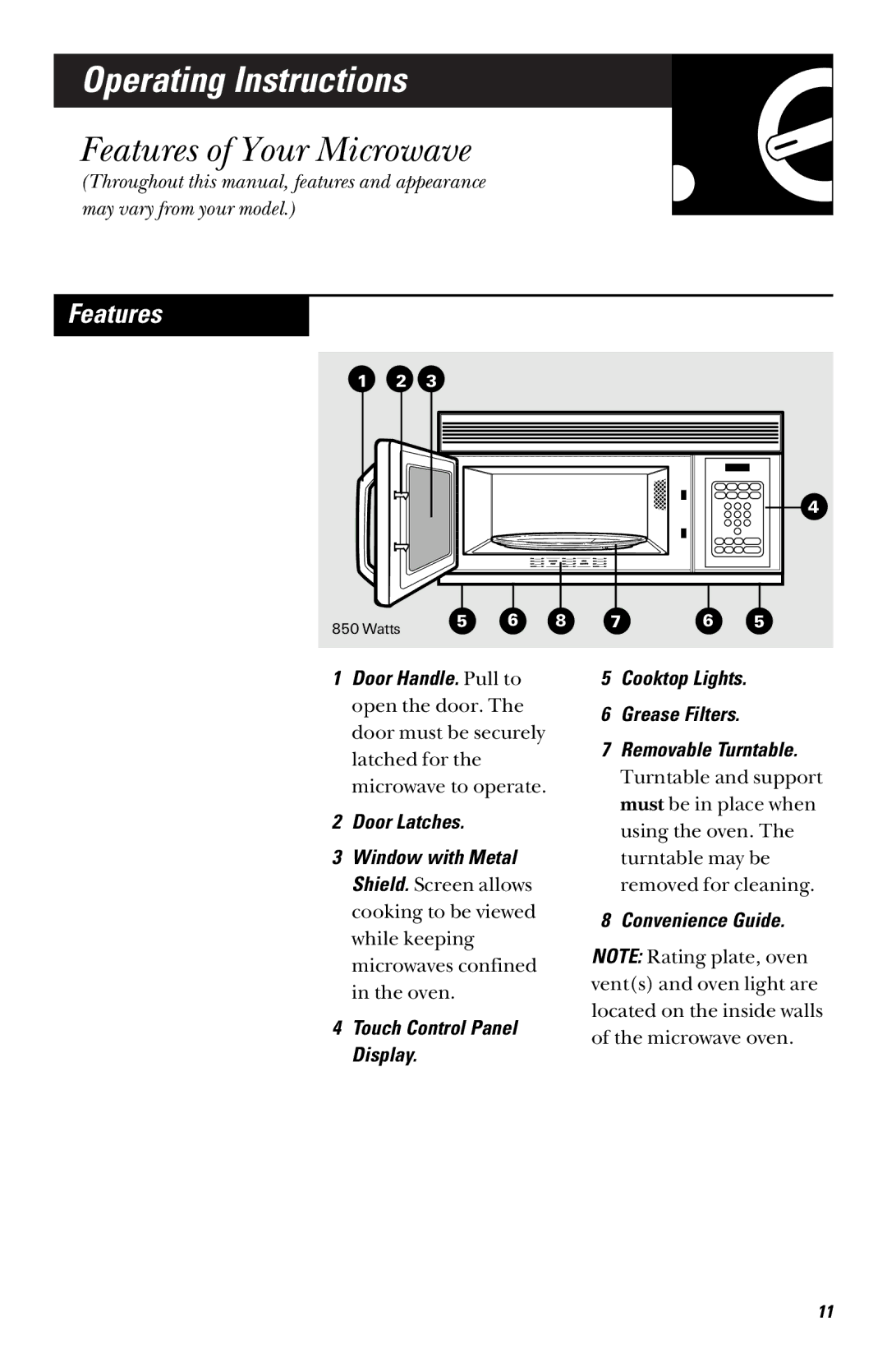 GE RVM1335 owner manual Operating Instructions, Features of Your Microwave, Convenience Guide 