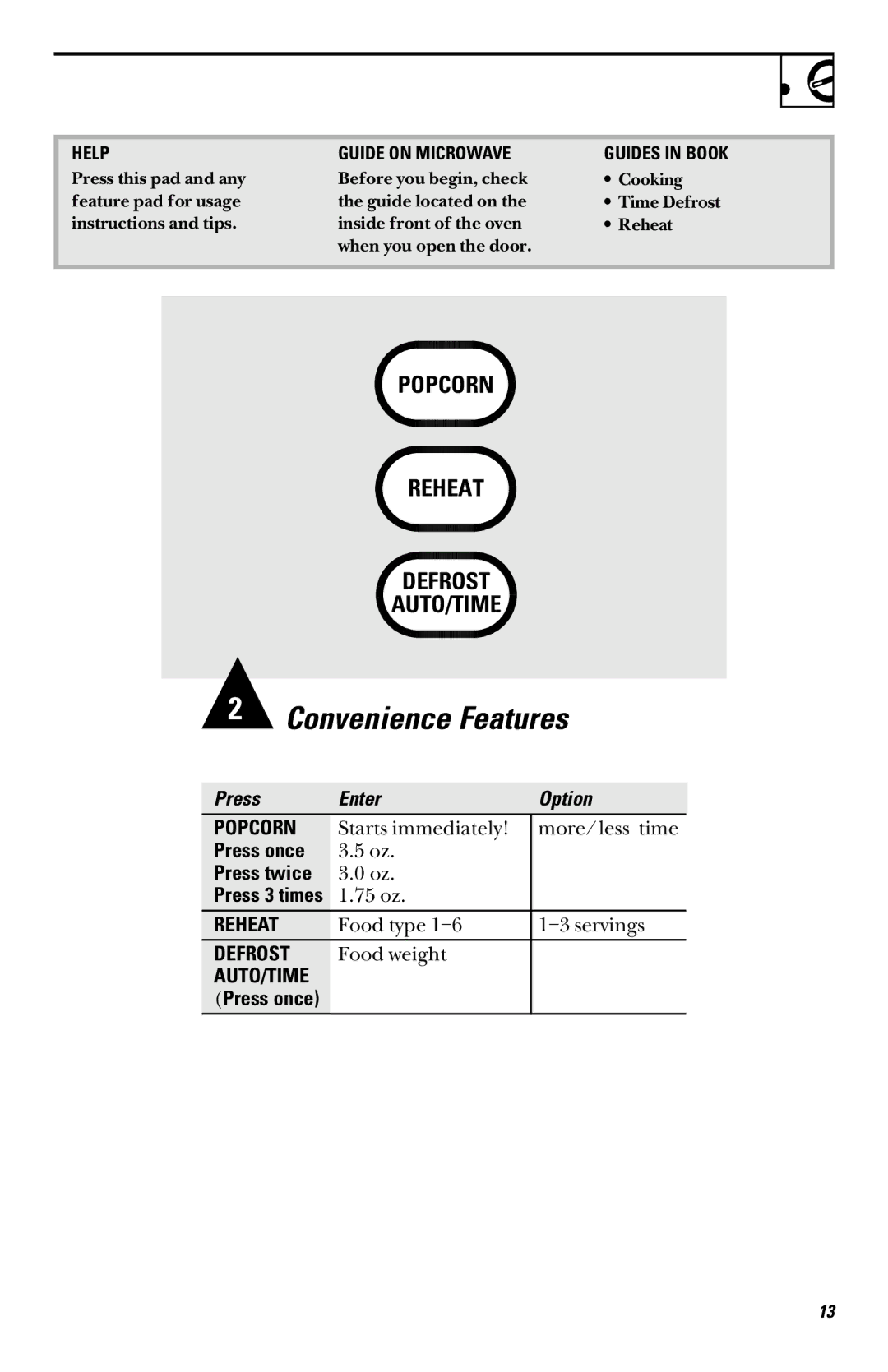 GE RVM1335 owner manual Press Enter Option, Help Guide on Microwave Guides in Book 