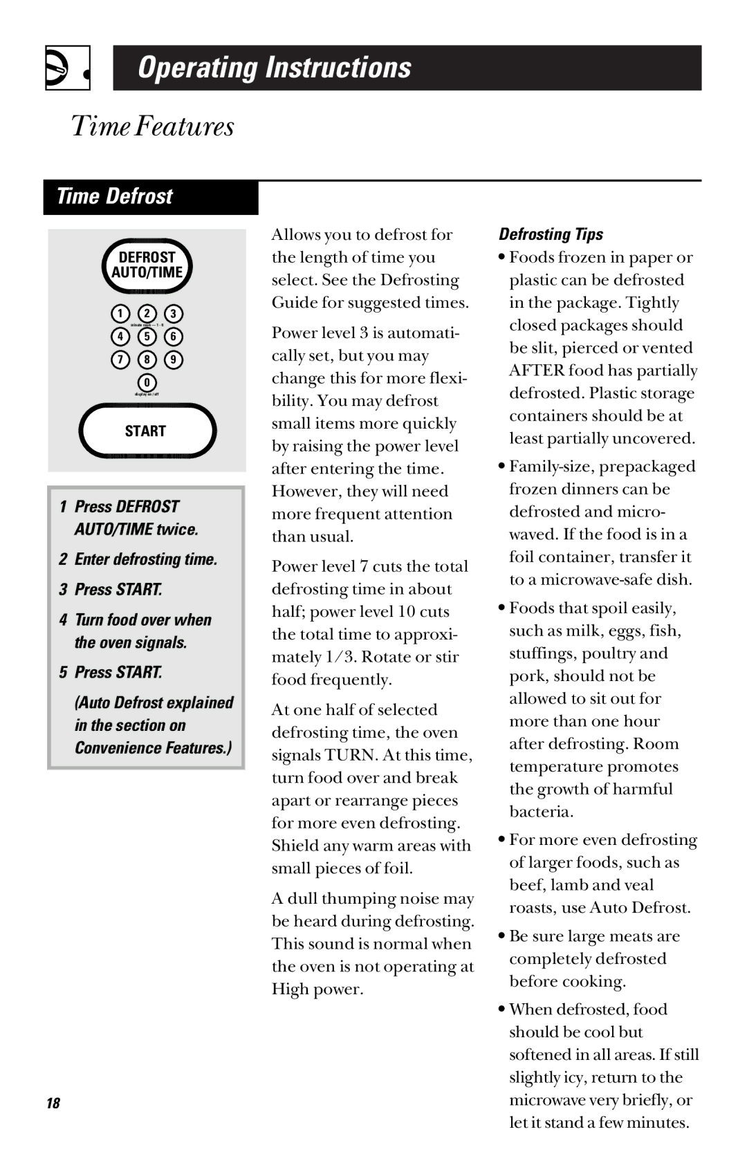 GE RVM1335 owner manual Time Defrost, Enter defrosting time Press Start, Defrosting Tips 