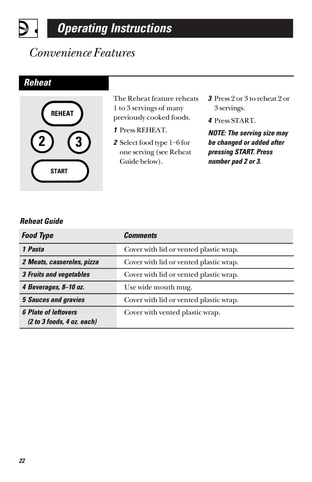 GE RVM1335 owner manual Reheat 