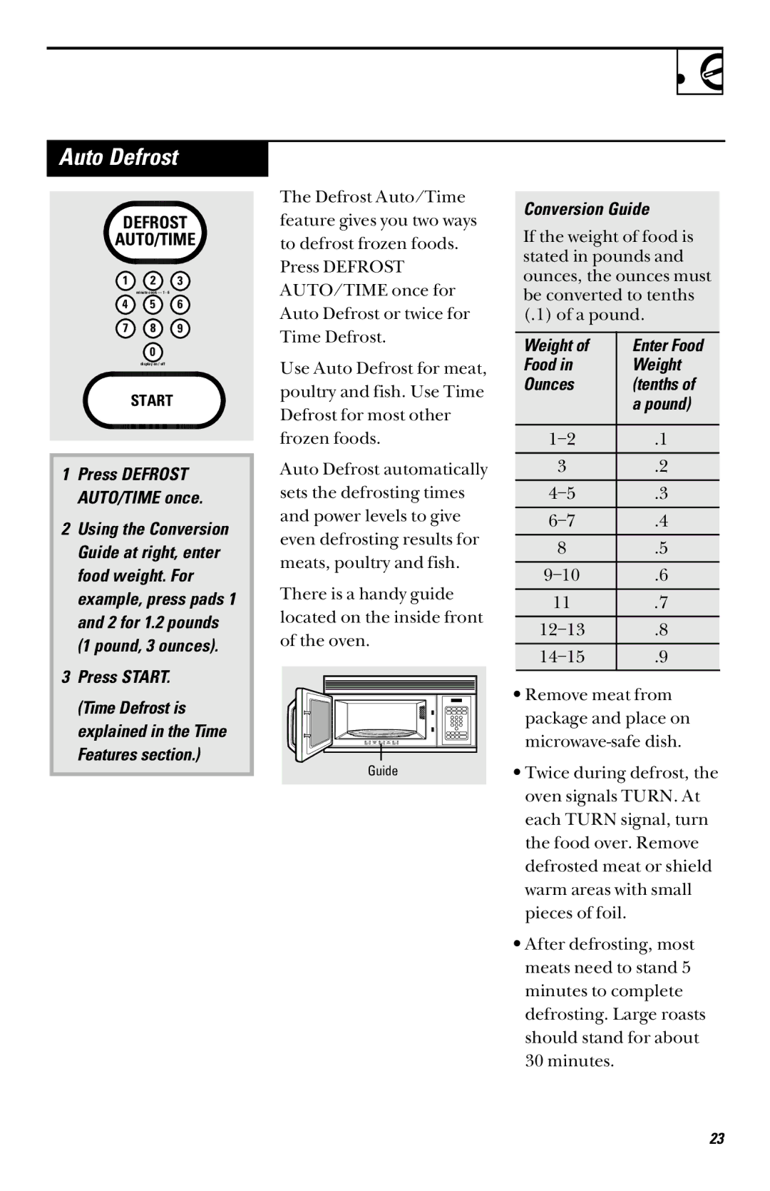 GE RVM1335 owner manual Auto Defrost, Conversion Guide, Food Weight Ounces Tenths Pound 