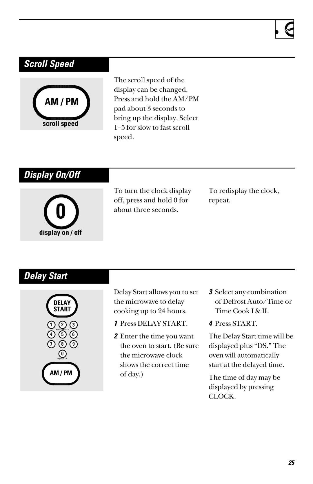 GE RVM1335 owner manual Scroll Speed, Display On/Off, Delay Start 
