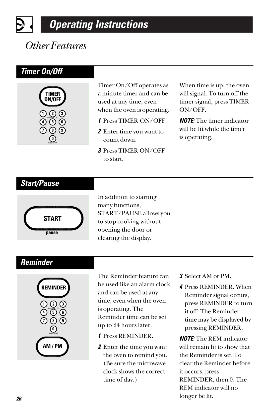 GE RVM1335 owner manual Timer On/Off, Start/Pause 