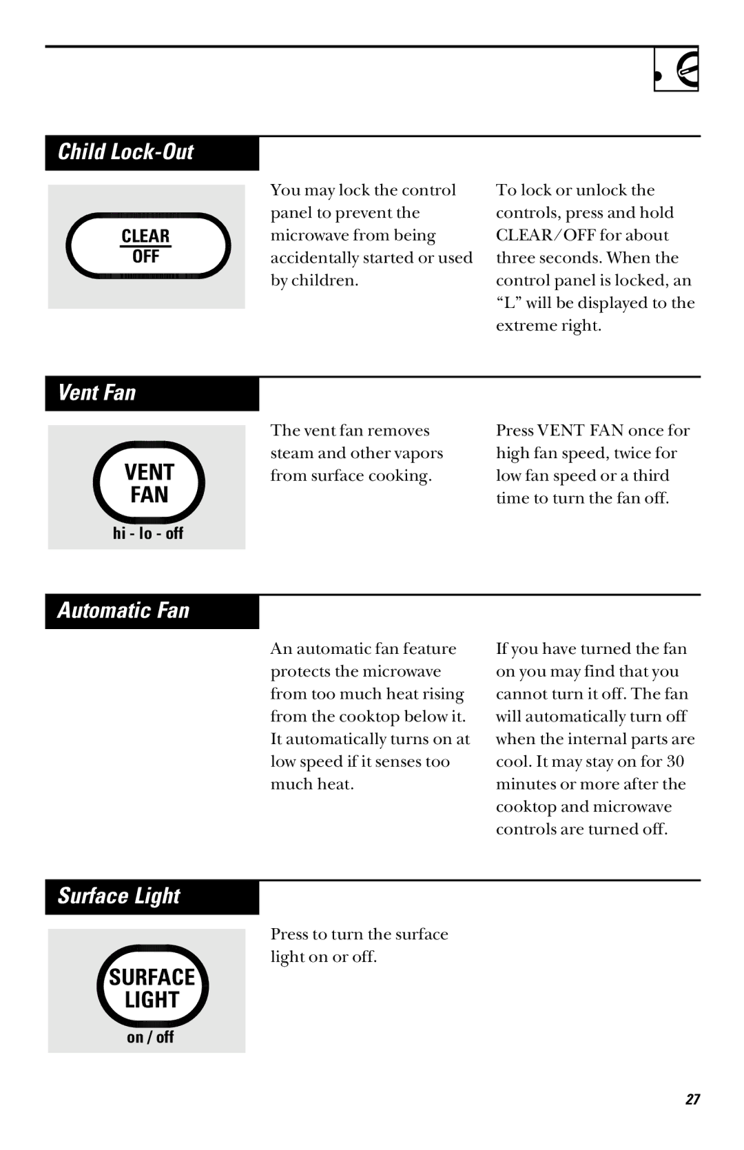 GE RVM1335 owner manual Child Lock-Out, Vent Fan, Automatic Fan, Surface Light 