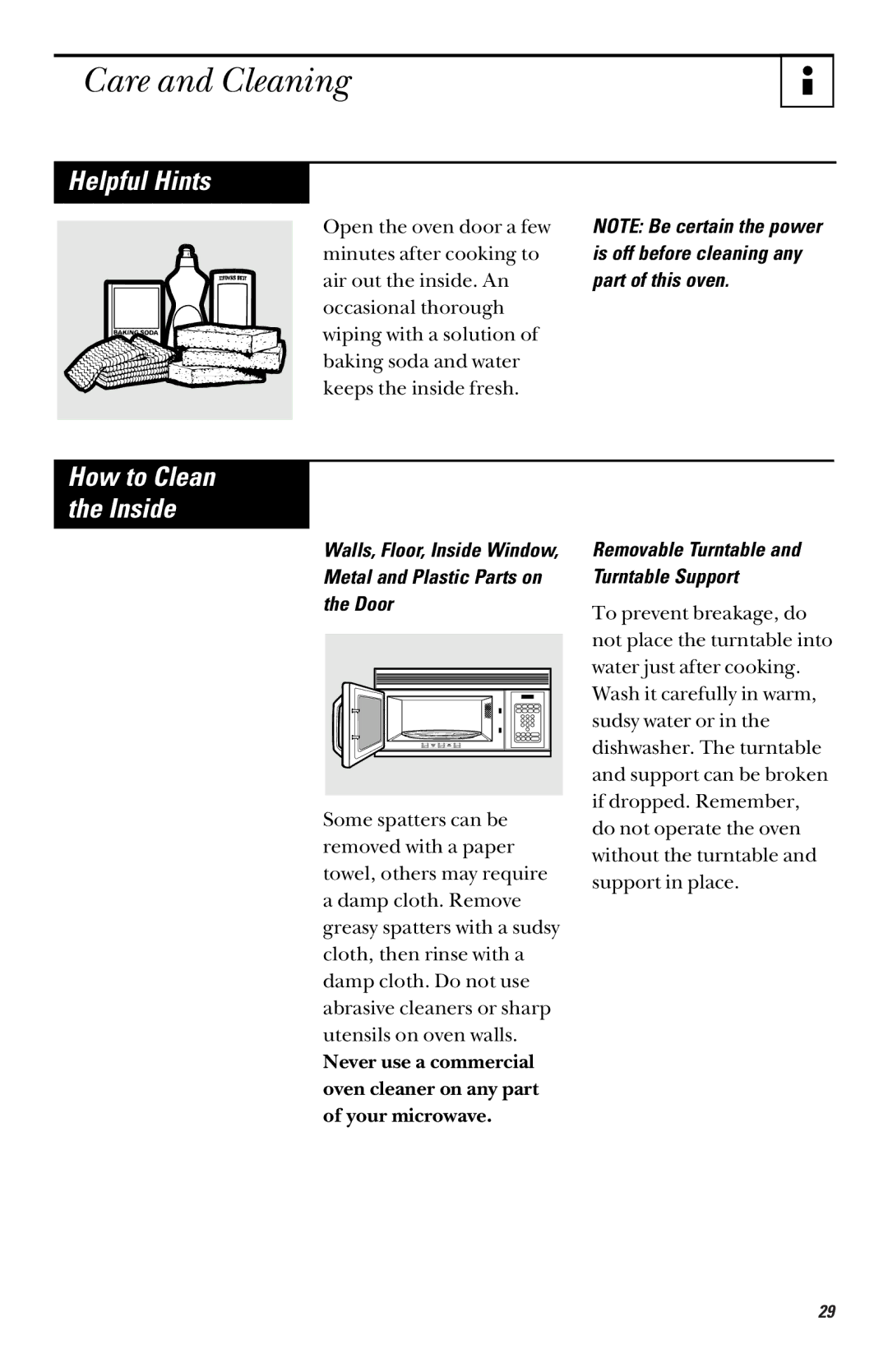 GE RVM1335 owner manual Care and Cleaning, Helpful Hints, Removable Turntable and Turntable Support 