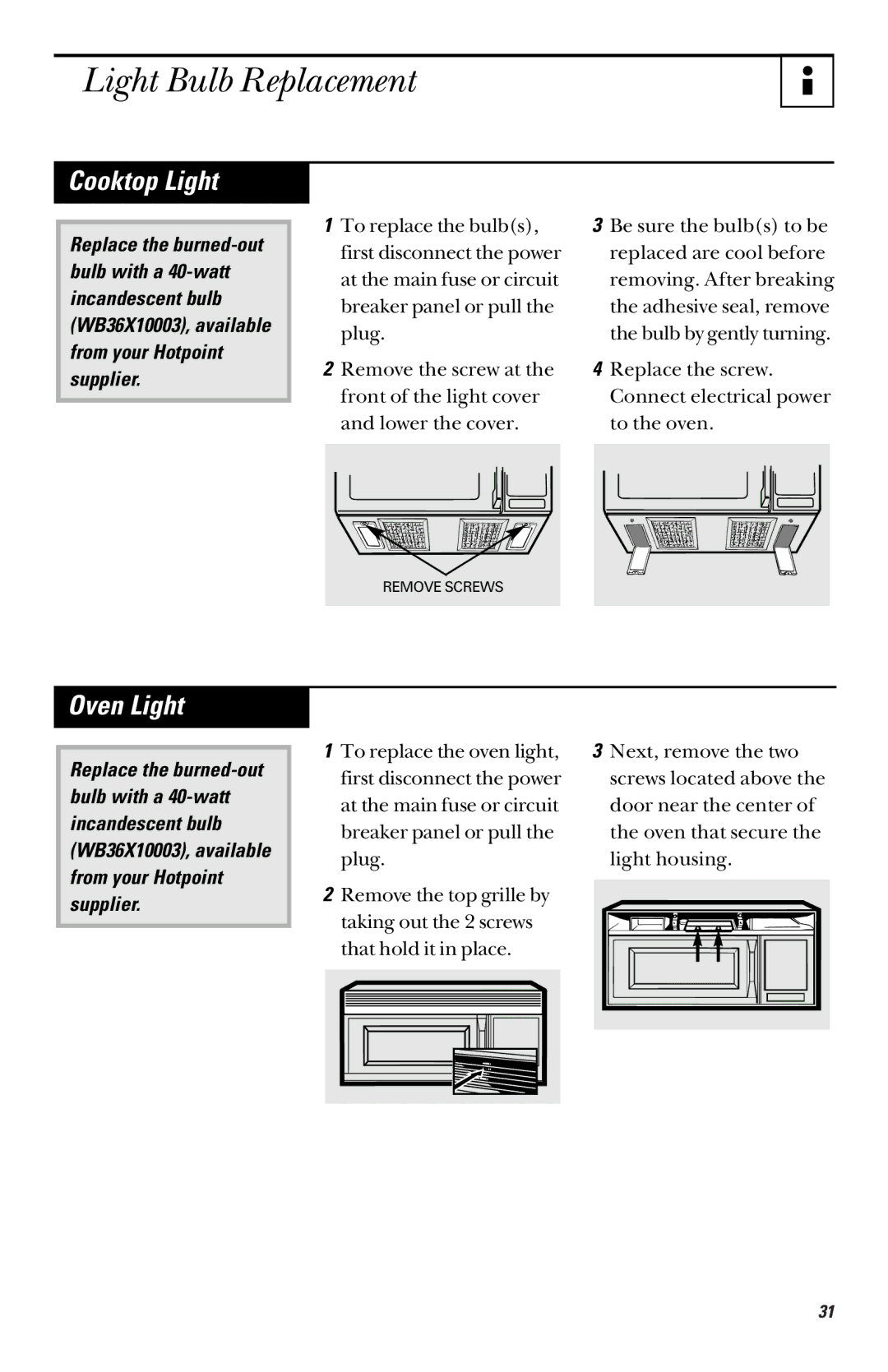 GE RVM1335 owner manual Light Bulb Replacement, Cooktop Light, Oven Light 