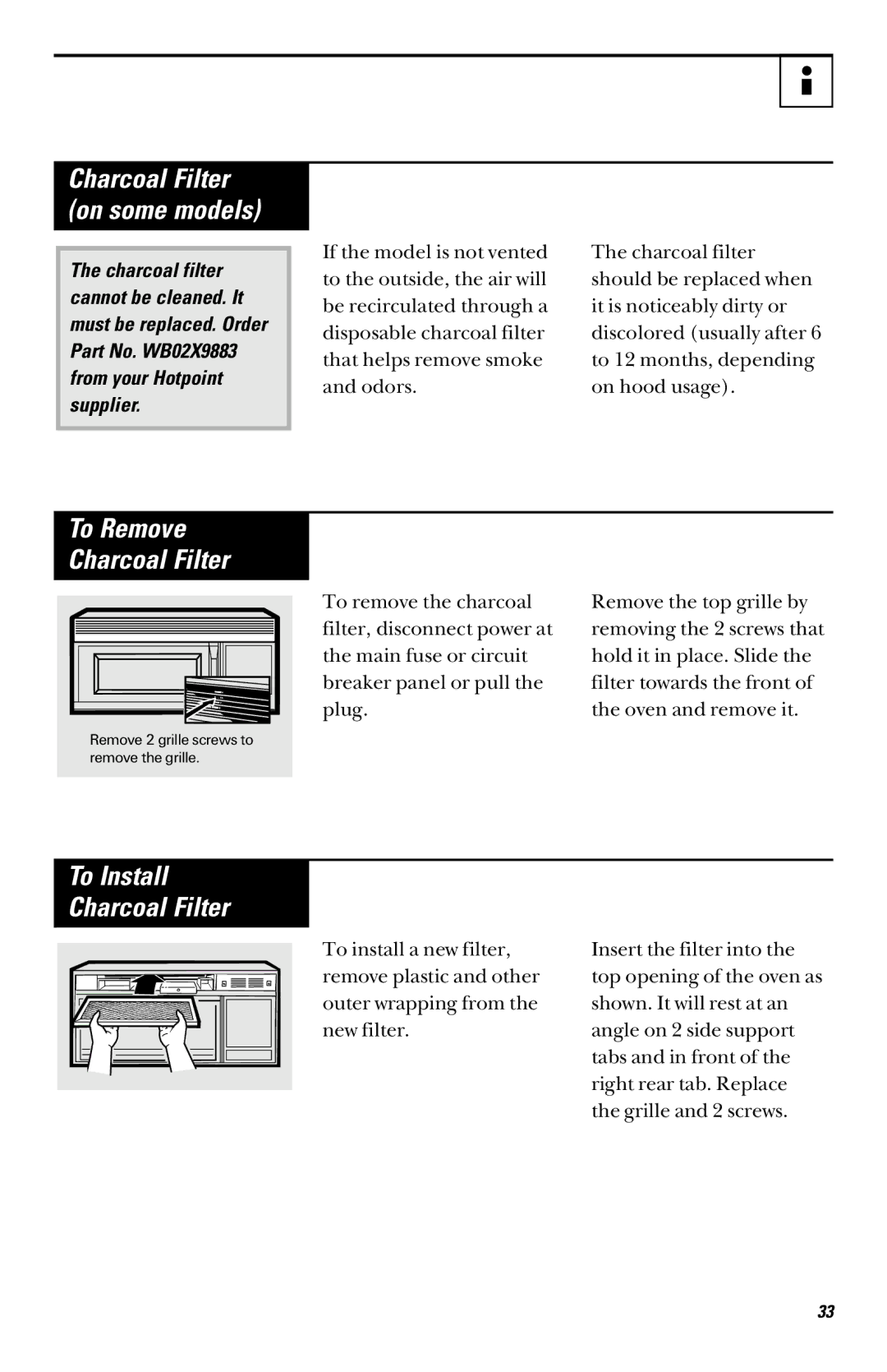 GE RVM1335 owner manual To Install Charcoal Filter, Charcoal Filter on some models 