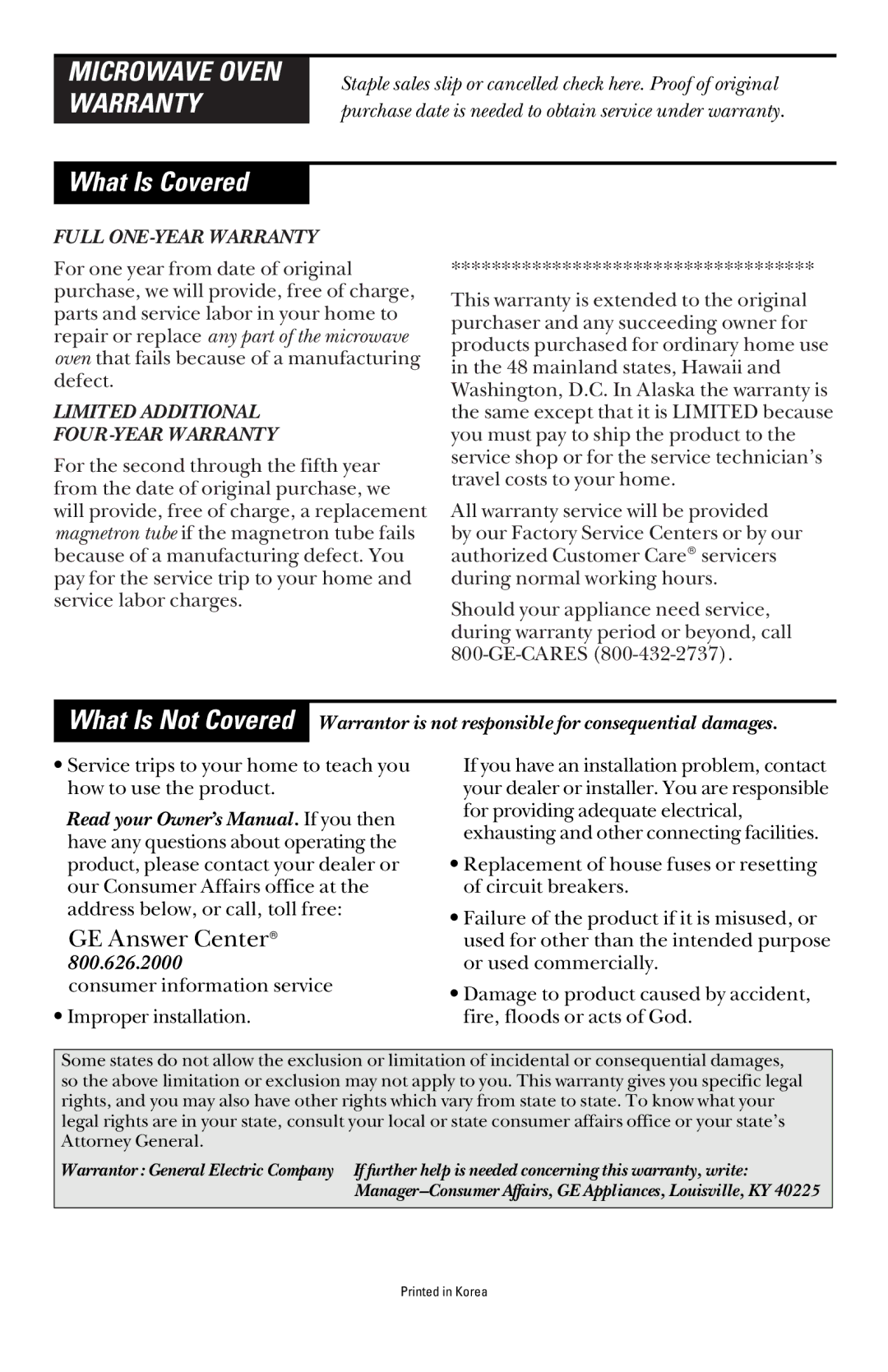 GE RVM1335 owner manual What Is Covered, Microwave Oven Warranty 