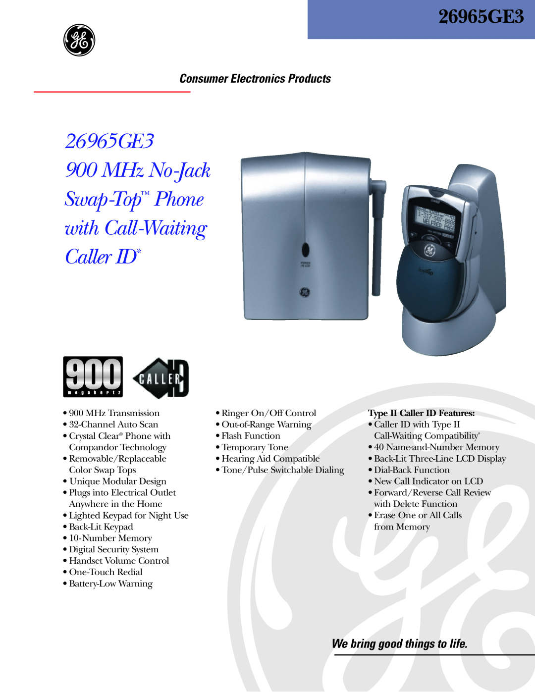 GE S-26965GE3 manual MHz No-Jack Swap-Top Phone with Call-Waiting Caller ID, Consumer Electronics Products 
