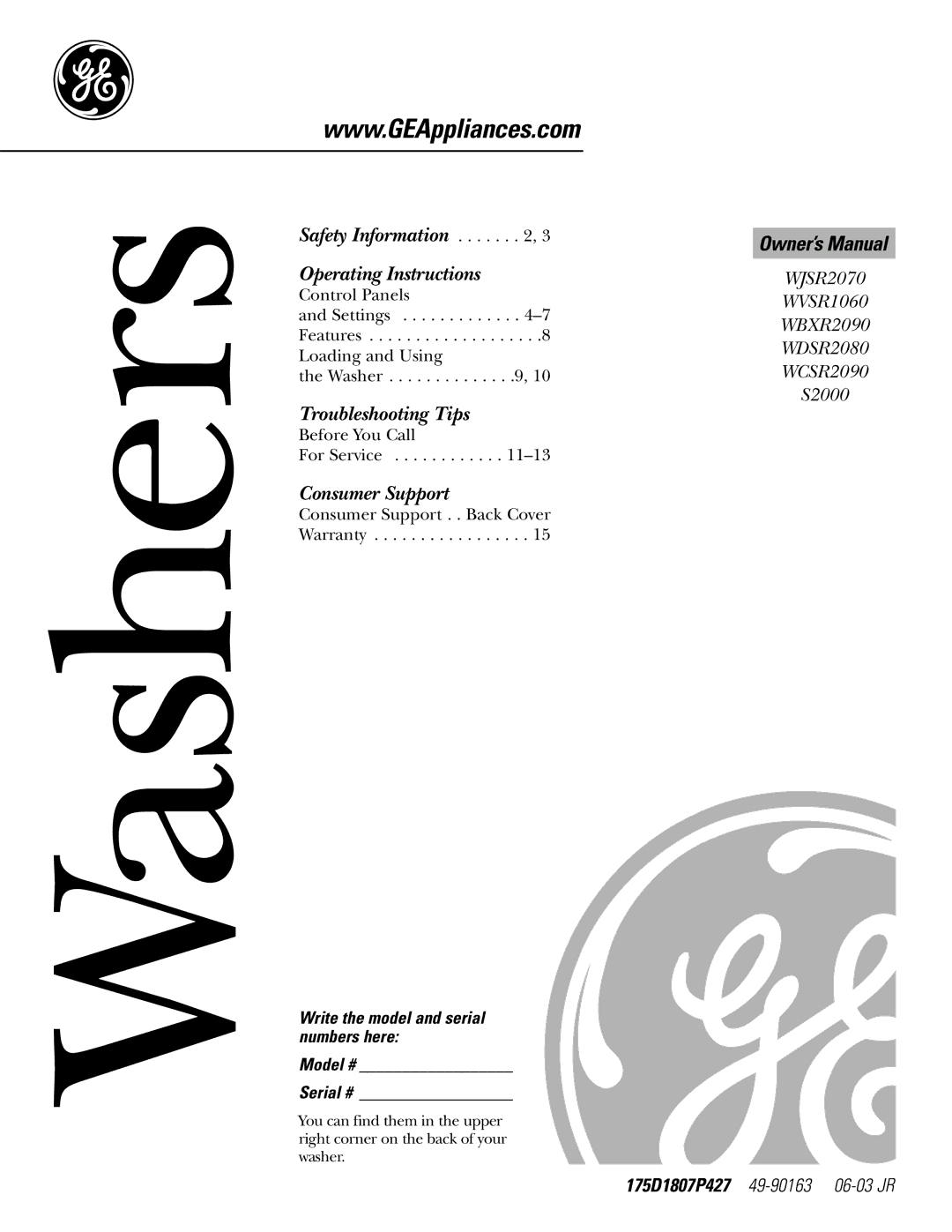 GE S2000 owner manual Washers 