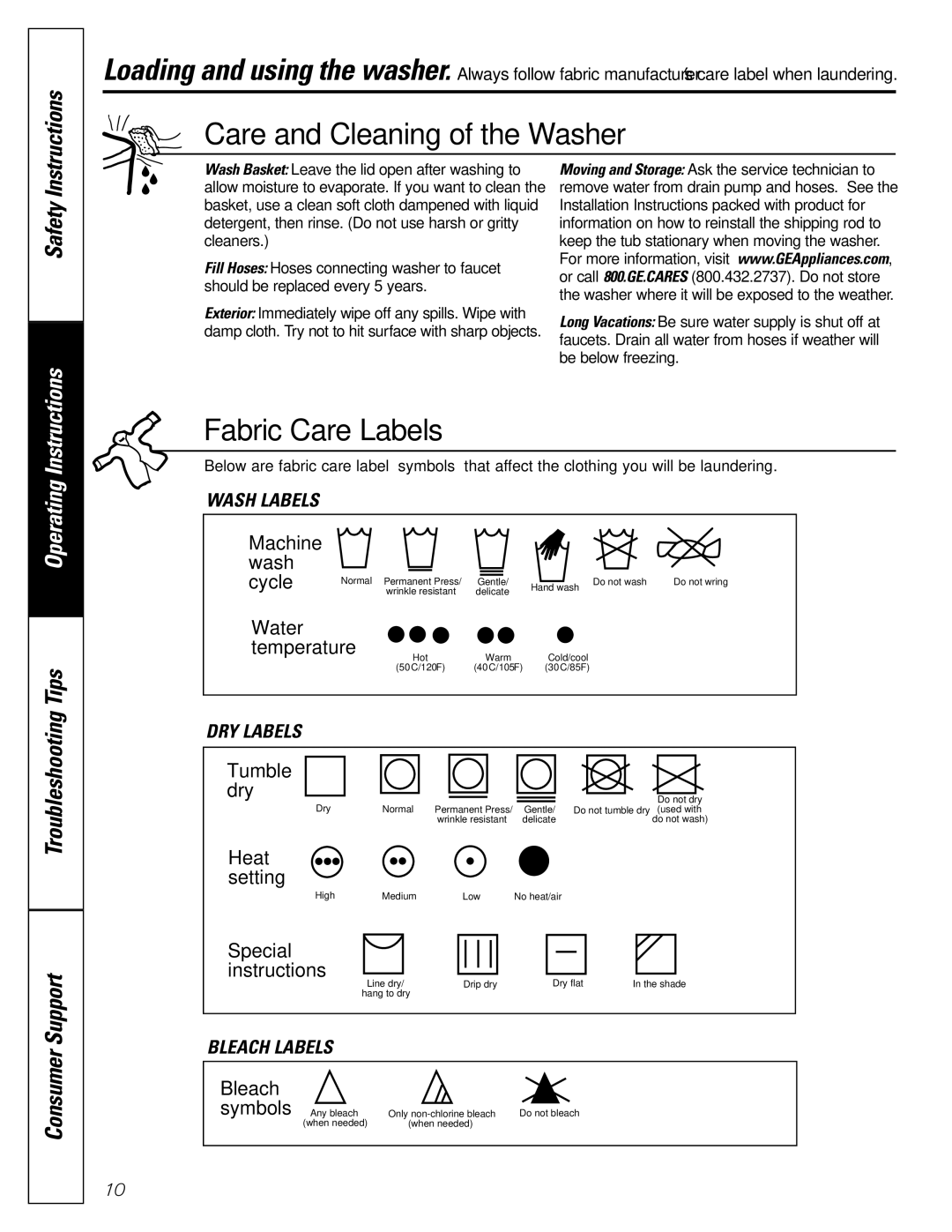 GE S2000 owner manual Care and Cleaning of the Washer 