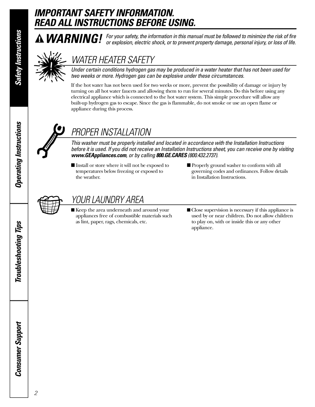 GE S2000 owner manual Water Heater Safety 