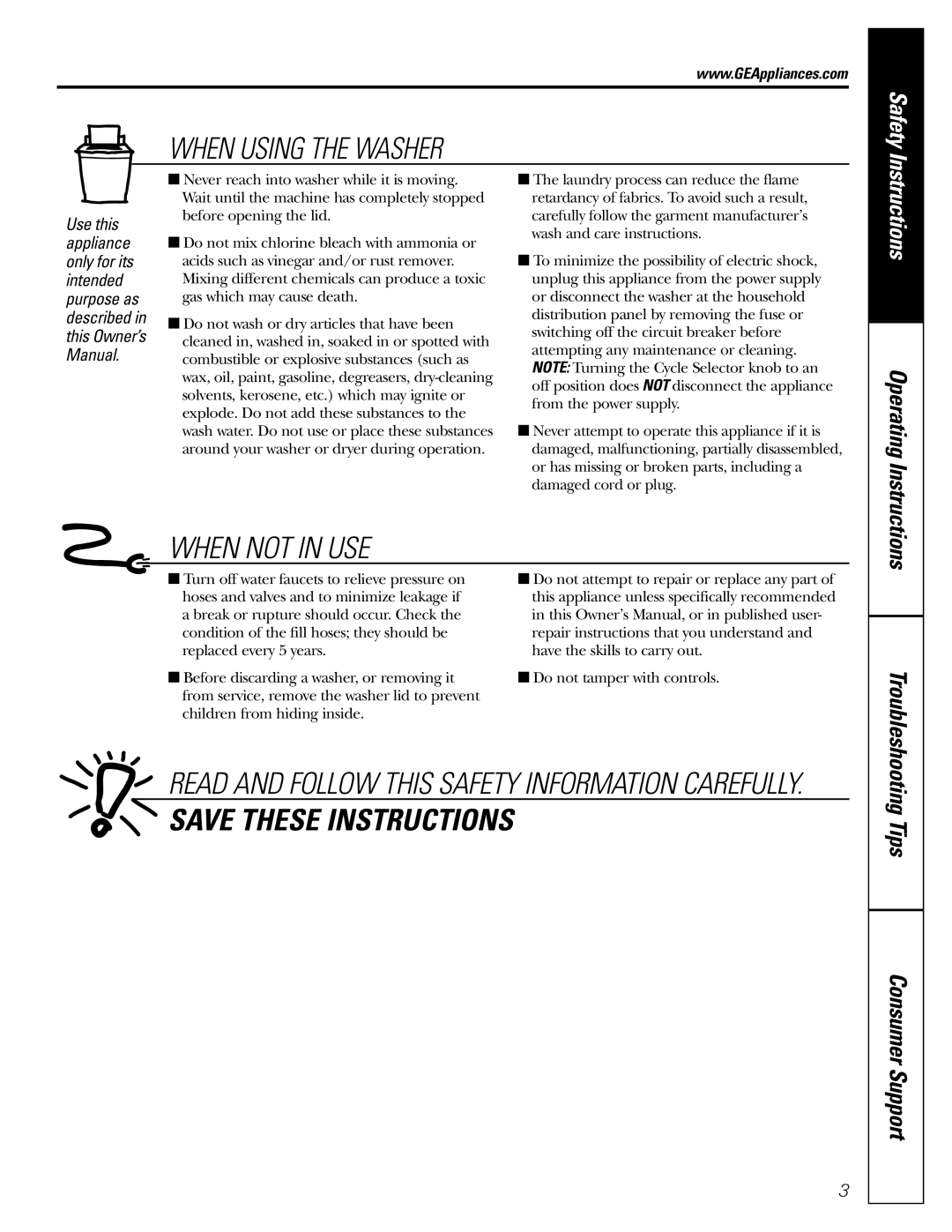 GE S2000 owner manual When Using the Washer, Operating Instructions 