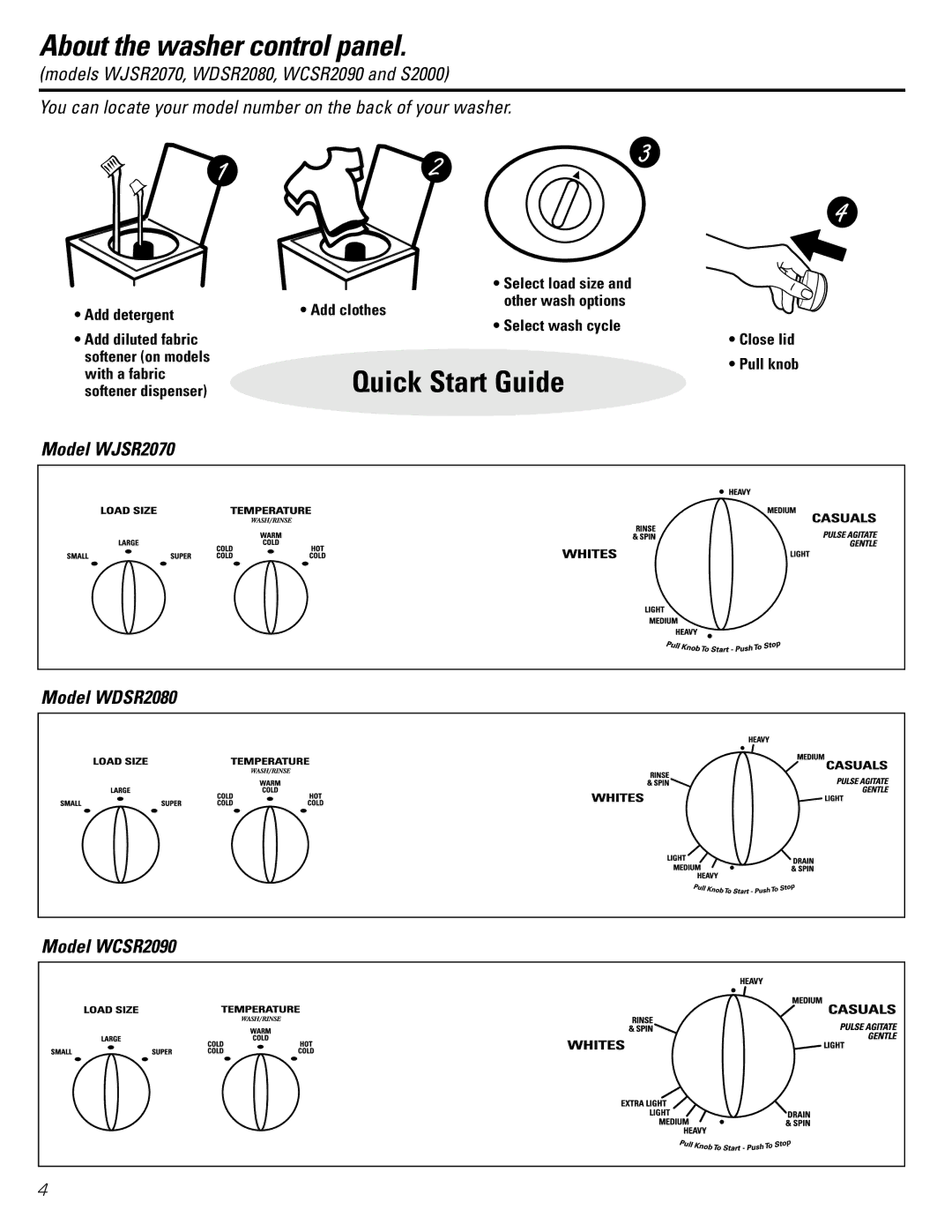 GE S2000 owner manual About the washer control panel, Model WJSR2070 Model WDSR2080 Model WCSR2090 