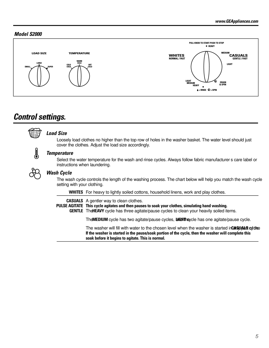 GE owner manual Control settings, Model S2000, Load Size, Temperature, Wash Cycle 