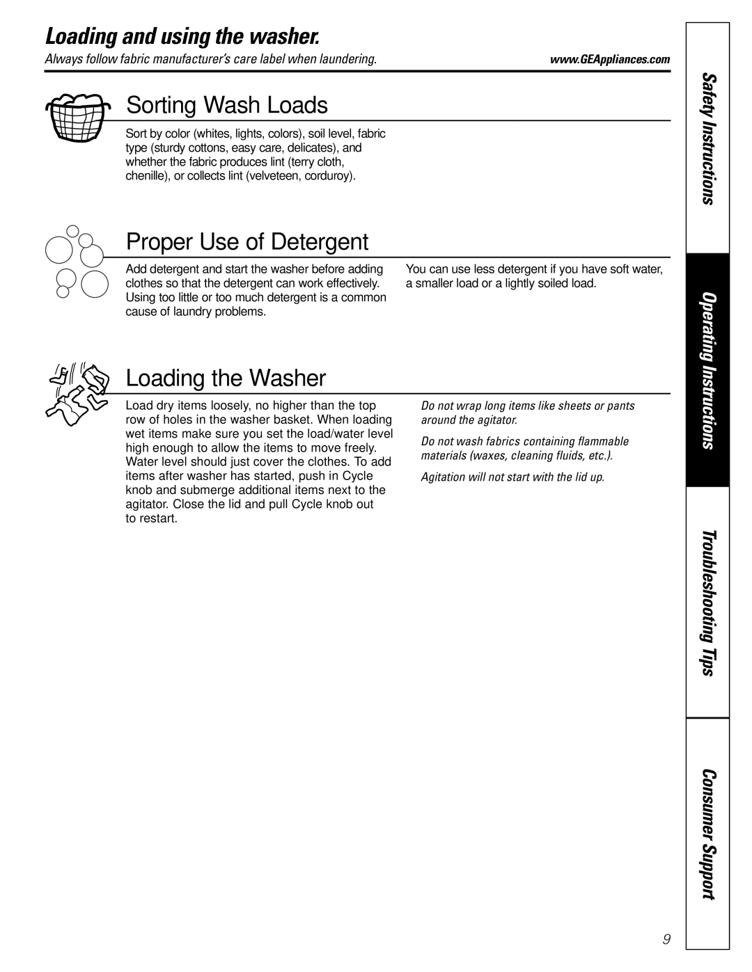 GE S2000 owner manual Loading and using the washer, Sorting Wash Loads 