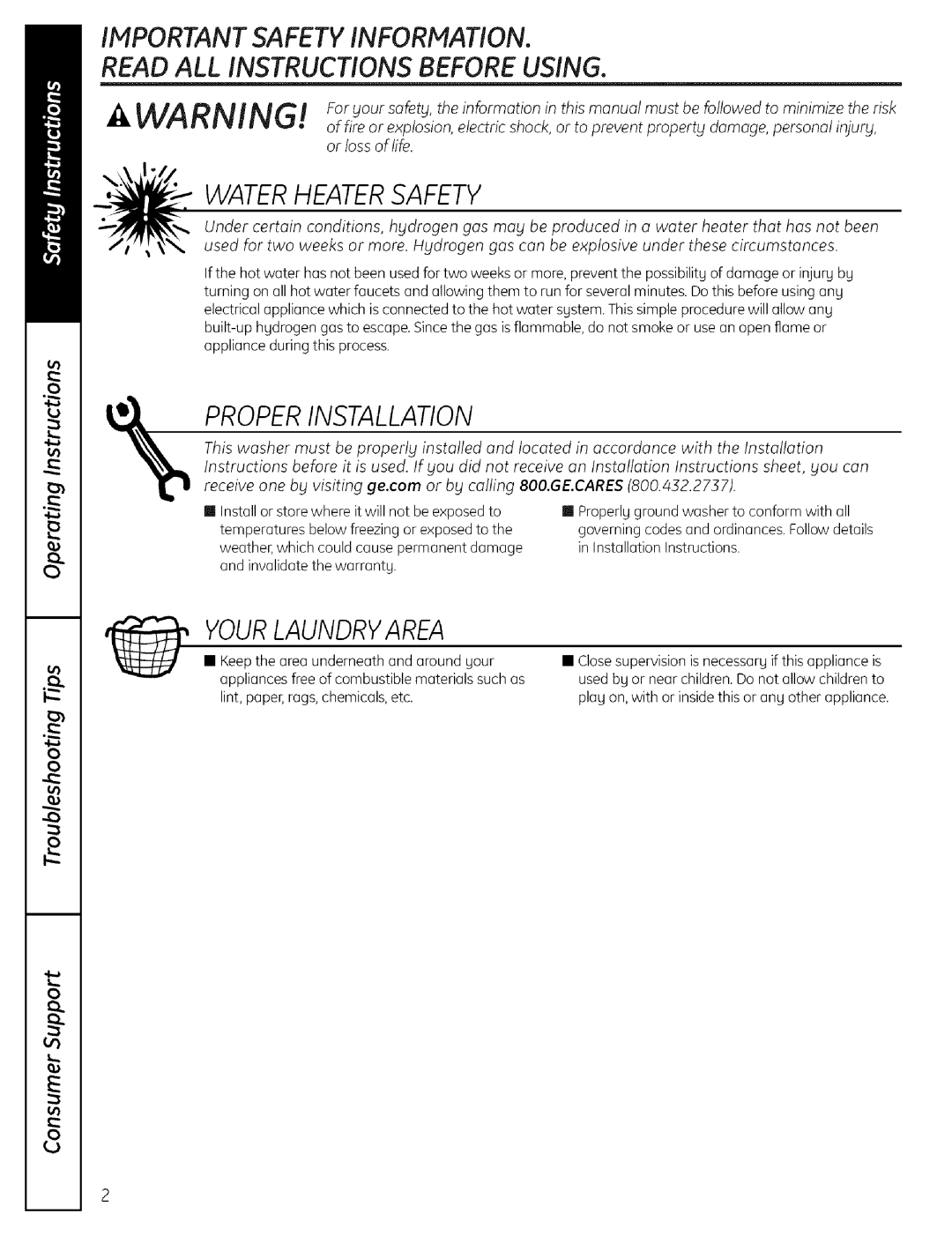 GE S21O0 operating instructions Keepthe area underneath and around uour, Appliances free of combustible materials such as 