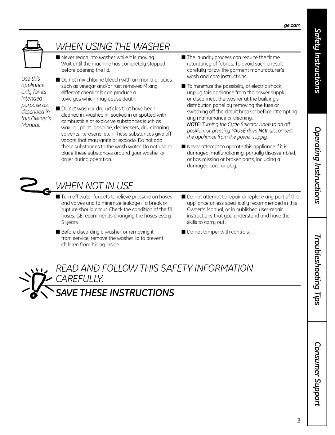 GE S21O0 operating instructions When Using the Washer, Appliance from the power supply 