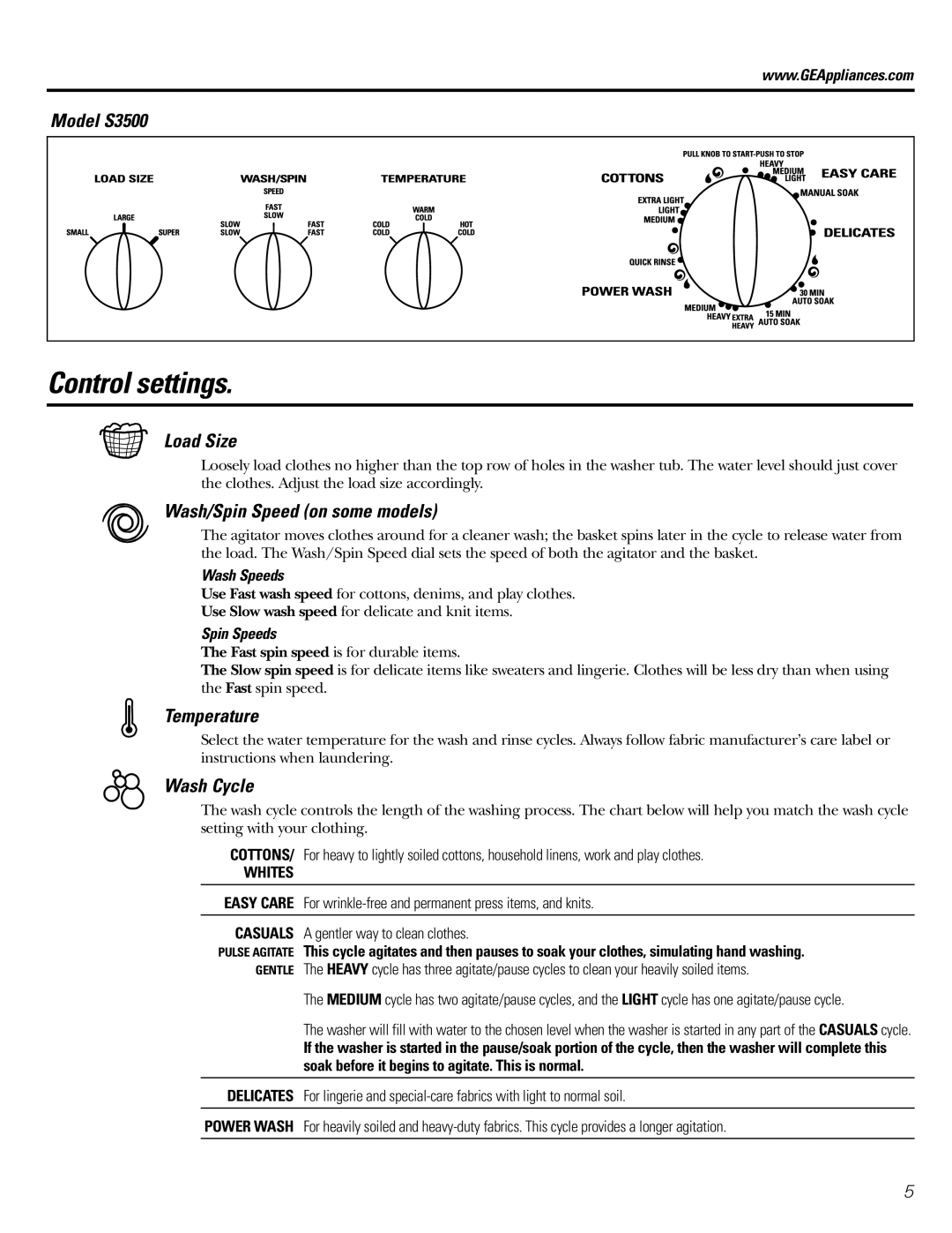 GE 175D1807P407, S3500 owner manual Control settings, Wash Speeds, Spin Speeds 