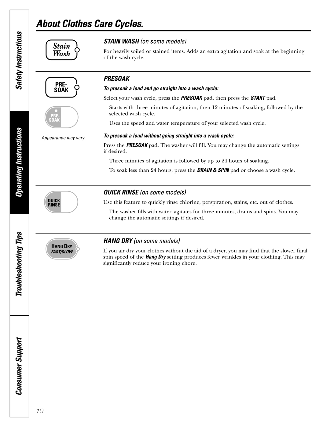 GE S2100, S3700, S8000, S5200 About Clothes Care Cycles, Stain Wash on some models, Presoak, Quick Rinse on some models 
