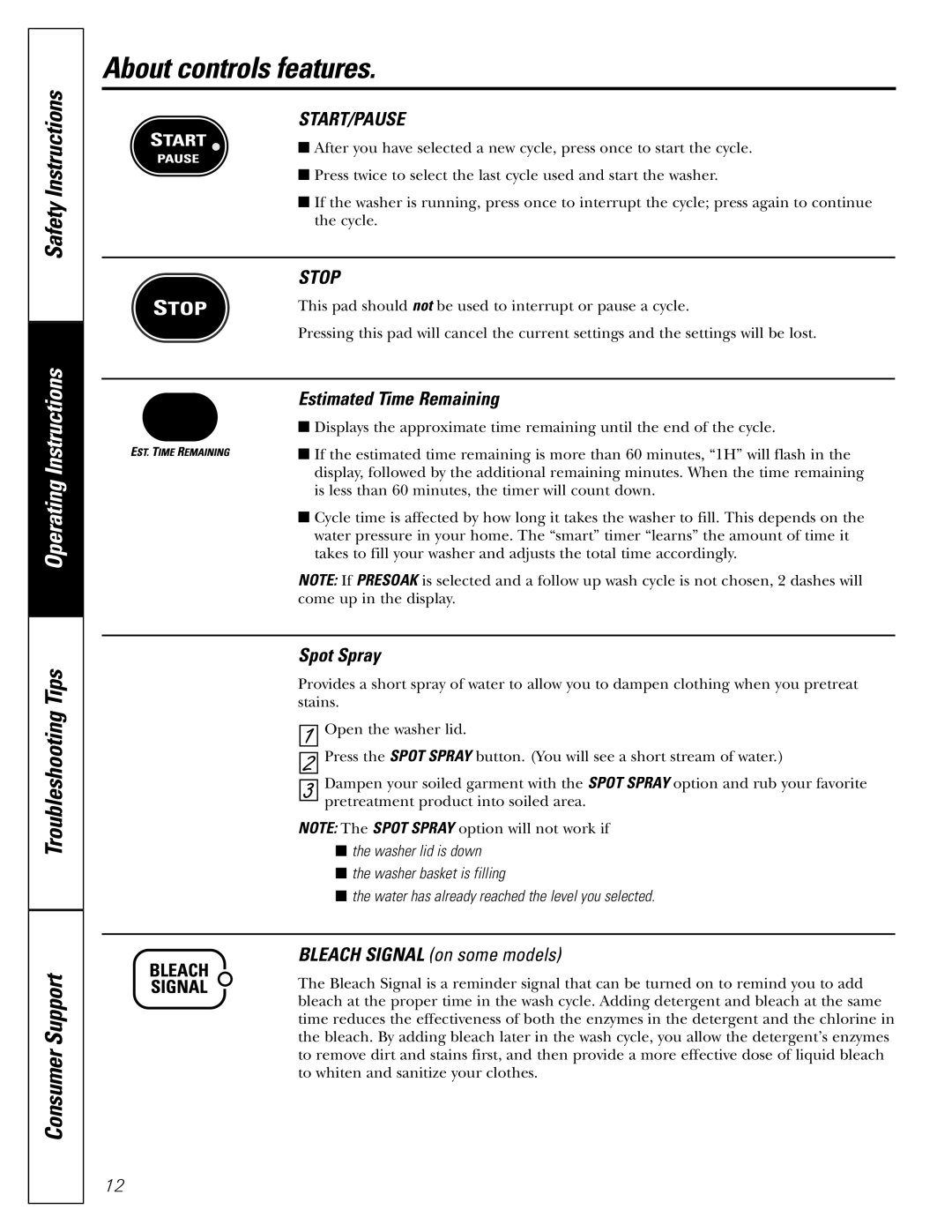 GE S3700, S8000, S2100, S5200 owner manual About controls features, Start/Pause, Stop, Estimated Time Remaining, Spot Spray 