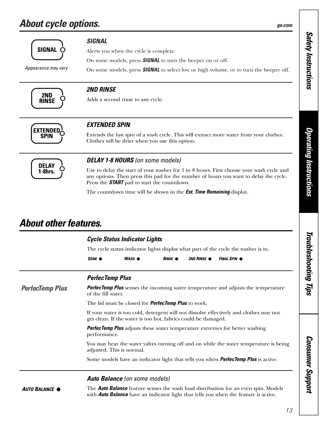 GE S8000, S3700, S2100, S5200 owner manual About cycle options, About other features, Signal, 2ND Rinse, Extended Spin 