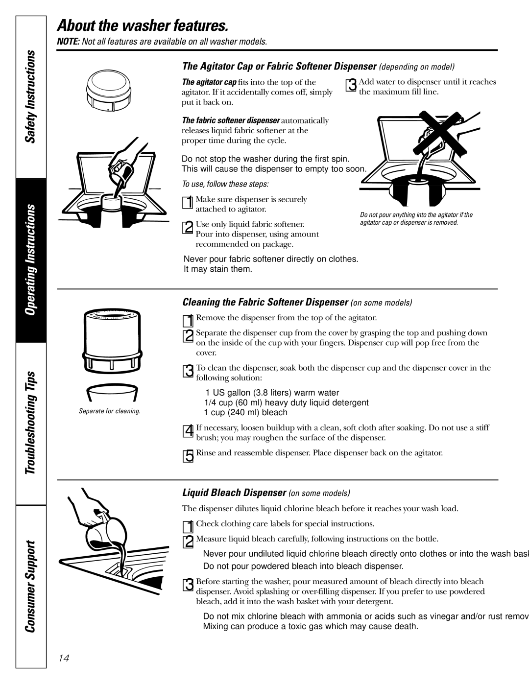 GE S2100, S3700, S8000, S5200 owner manual About the washer features, Liquid Bleach Dispenser on some models 