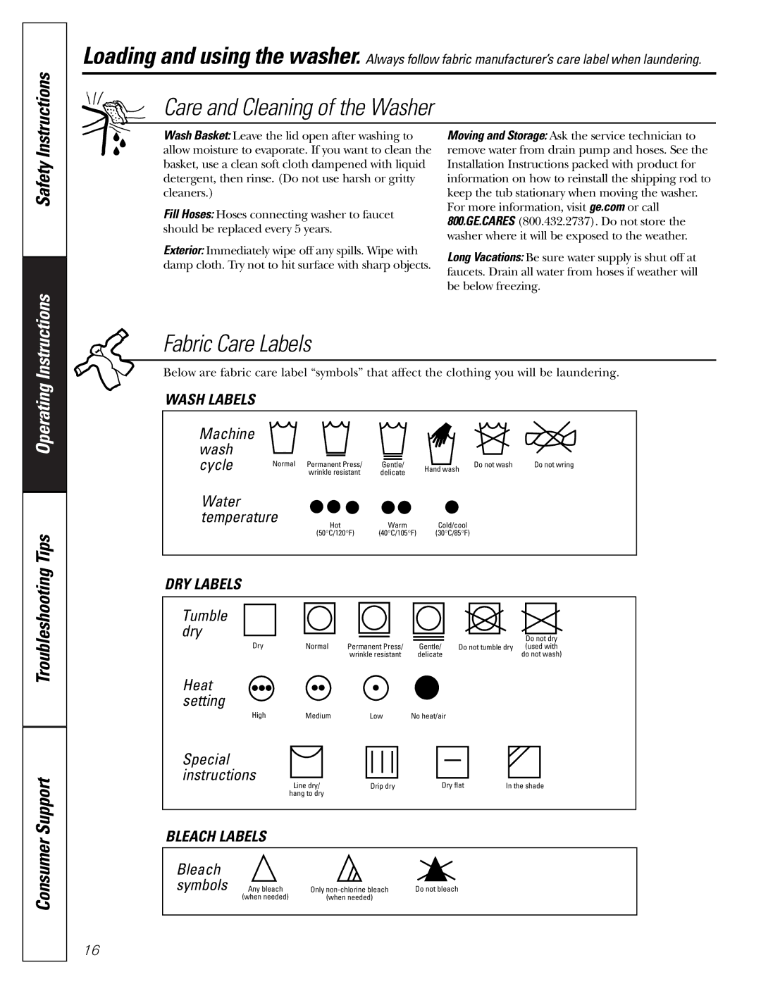 GE S3700, S8000, S2100, S5200 owner manual Wash Labels, Water, DRY Labels, Bleach Labels 