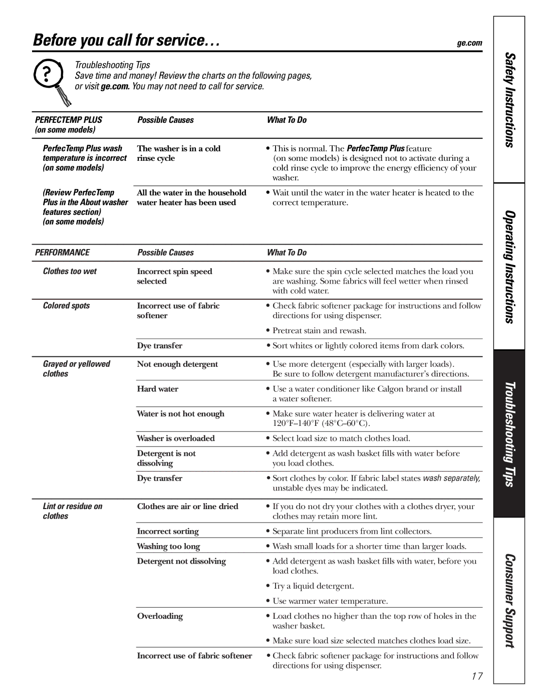 GE S8000, S3700, S2100, S5200 owner manual Before you call for service…, Perfectemp Plus, Performance 