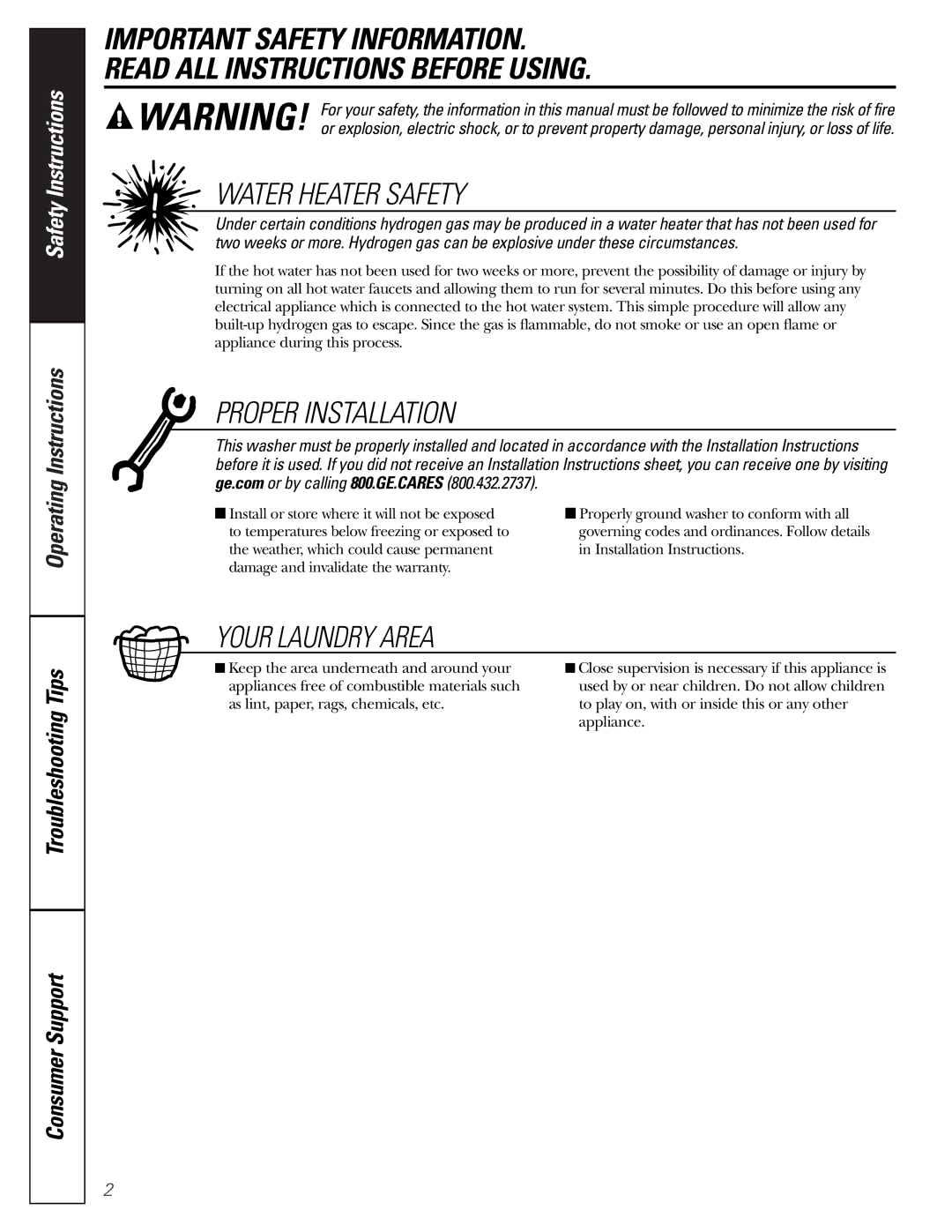 GE S2100, S3700, S8000, S5200 owner manual Water Heater Safety 