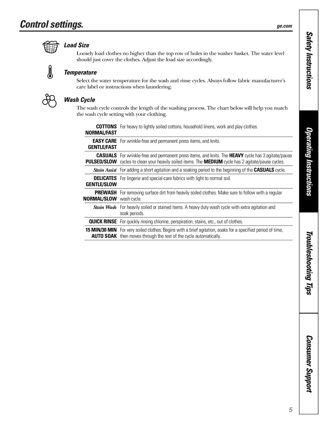 GE S8000, S3700, S2100, S5200 owner manual Control settings, Load Size, Temperature, Wash Cycle 