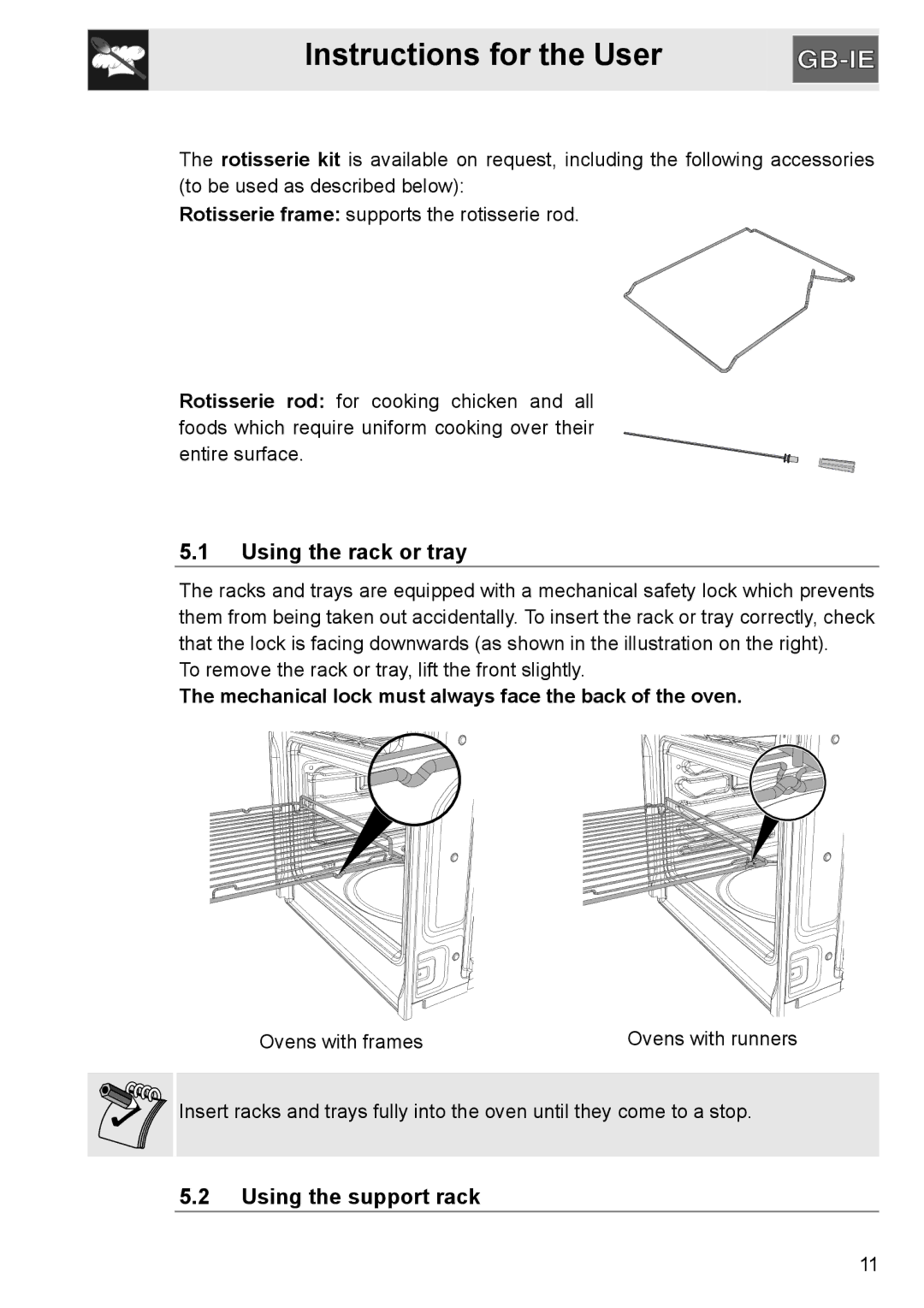 GE SA304X-8 manual Using the rack or tray, Using the support rack, Mechanical lock must always face the back of the oven 