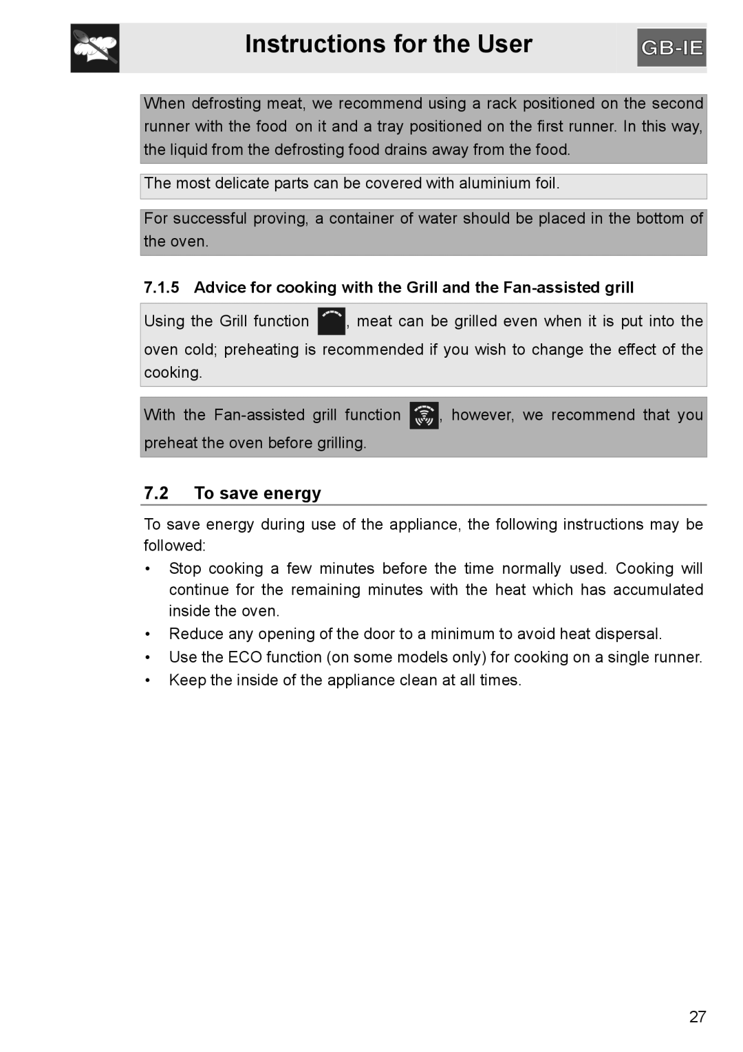 GE SA304X-8 manual To save energy, Advice for cooking with the Grill and the Fan-assisted grill 