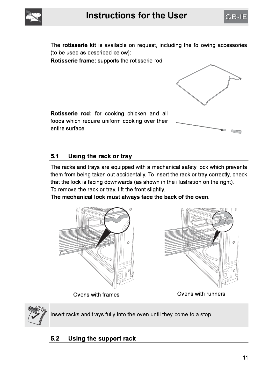 GE SA304X-8 manual 5.1Using the rack or tray, 5.2Using the support rack, Instructions for the User 