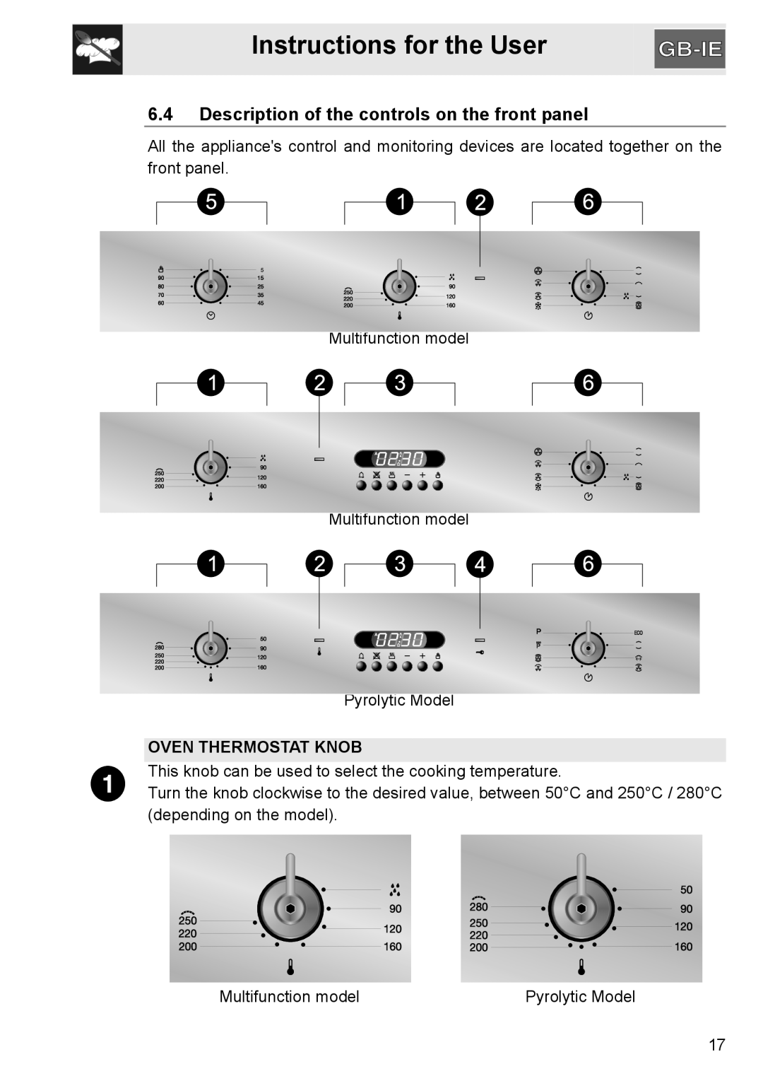 GE SA304X-8 manual 6.4Description of the controls on the front panel, Instructions for the User, Oven Thermostat Knob 