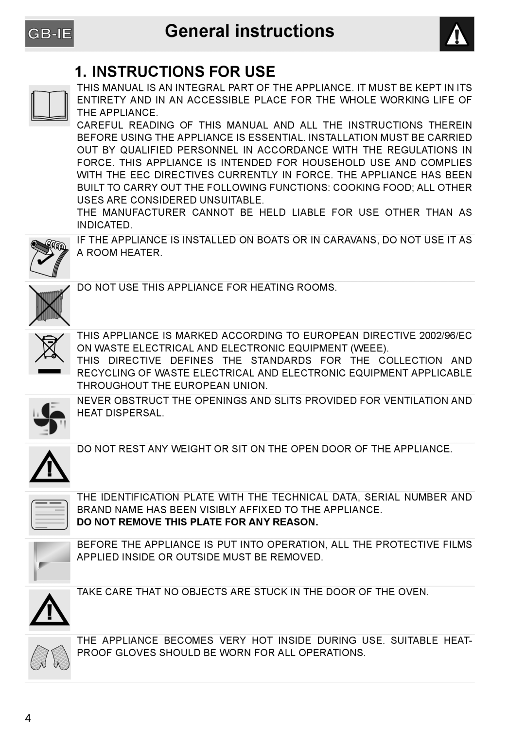 GE SA304X-8 manual General instructions, Instructions For Use, Do Not Remove This Plate For Any Reason 