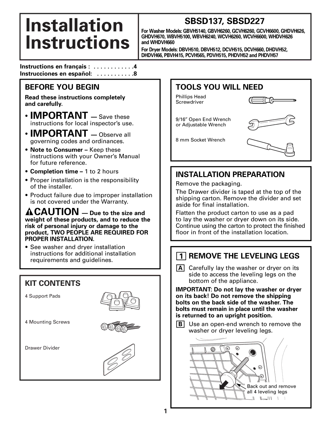 GE SBSD227, SBSD137 installation instructions Important Save these 