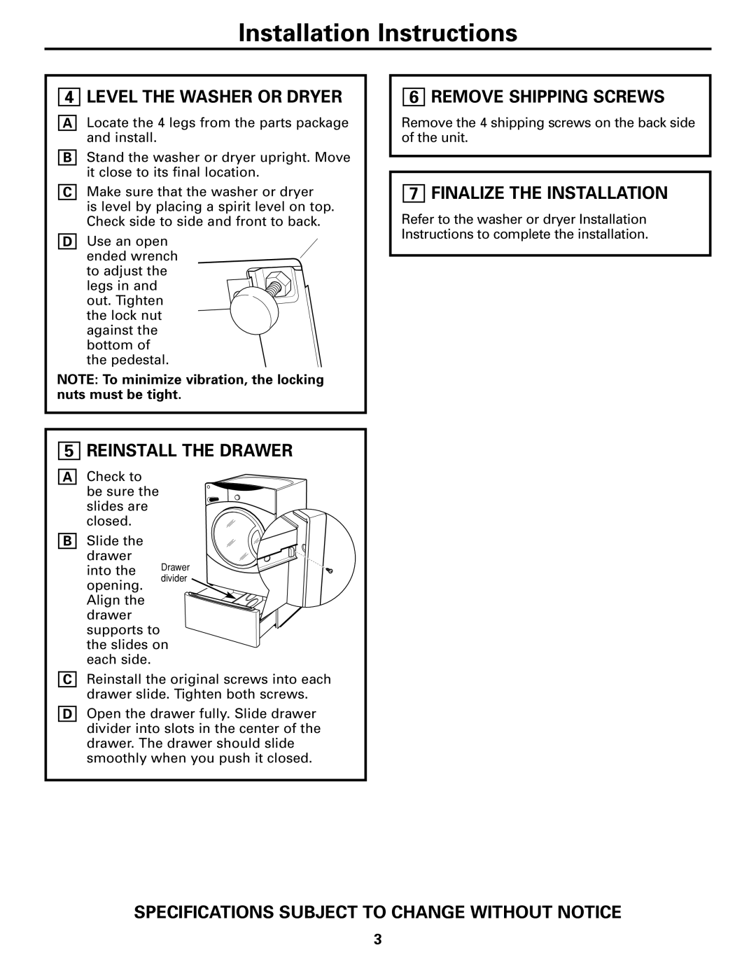 GE SBSD227, SBSD137 Level the Washer or Dryer, Reinstall the Drawer, Remove Shipping Screws, Finalize the Installation 