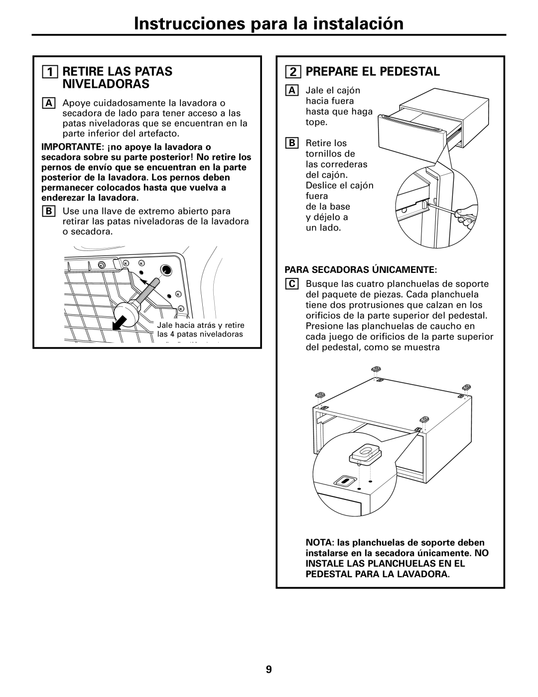 GE SBSD227, SBSD137 installation instructions Instrucciones para la instalación, Prepare EL Pedestal 