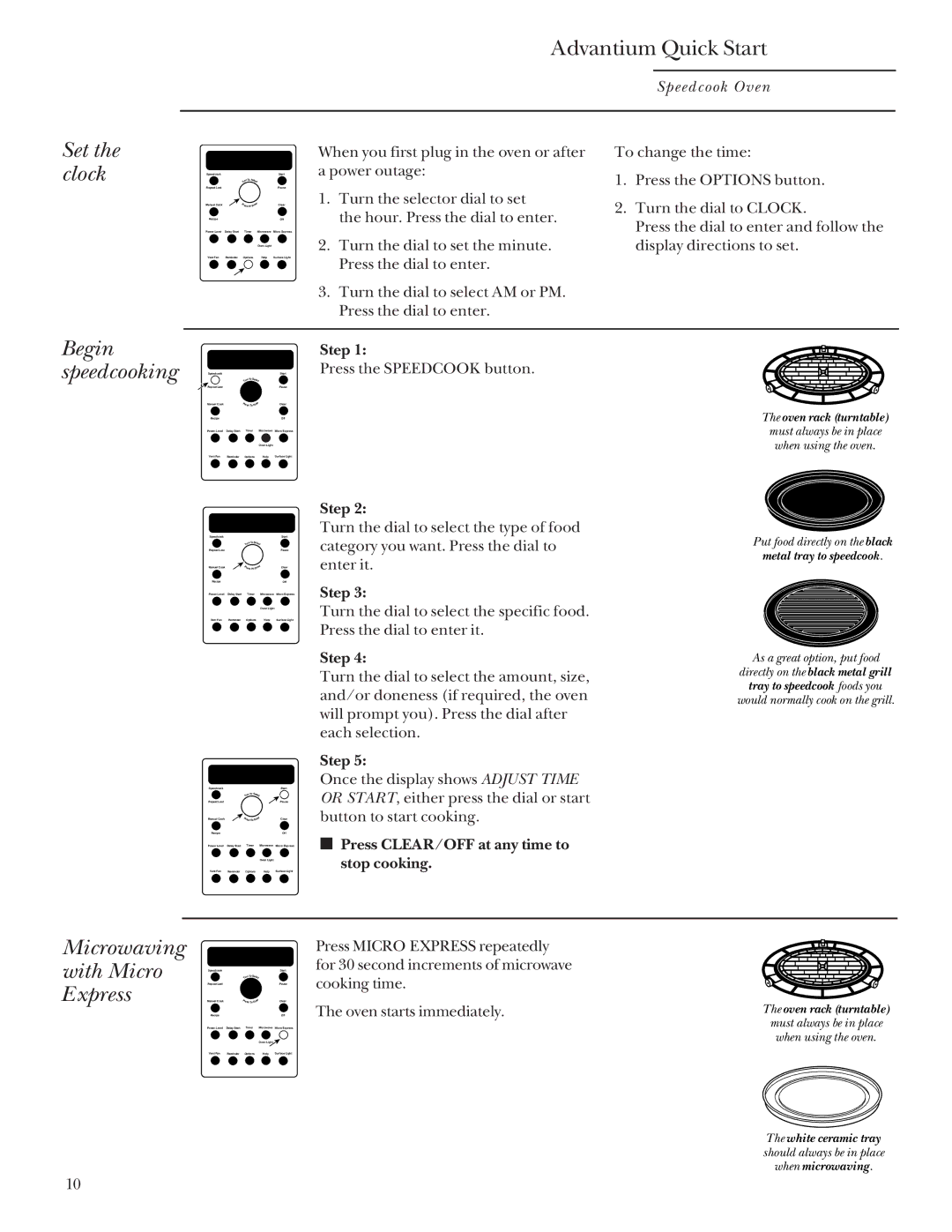 GE SCA 2000, SCA 2001 owner manual Advantium Quick Start, Set the clock, Begin speedcooking, Microwaving with Micro Express 