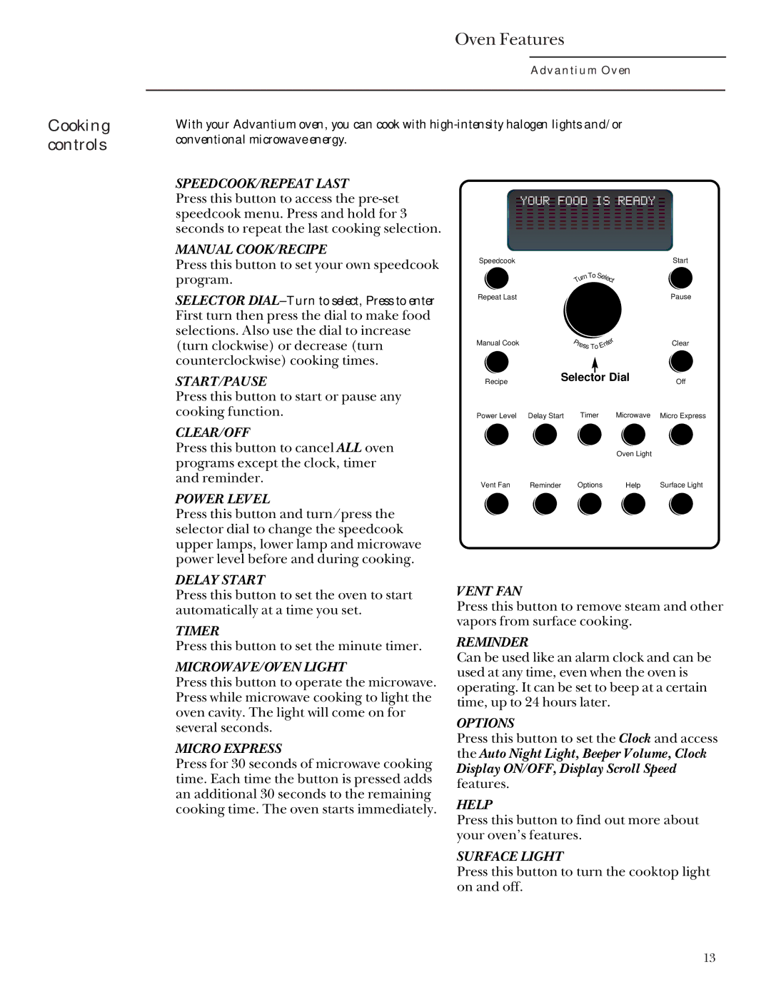 GE SCA 2001, SCA 2000 owner manual Cooking controls 