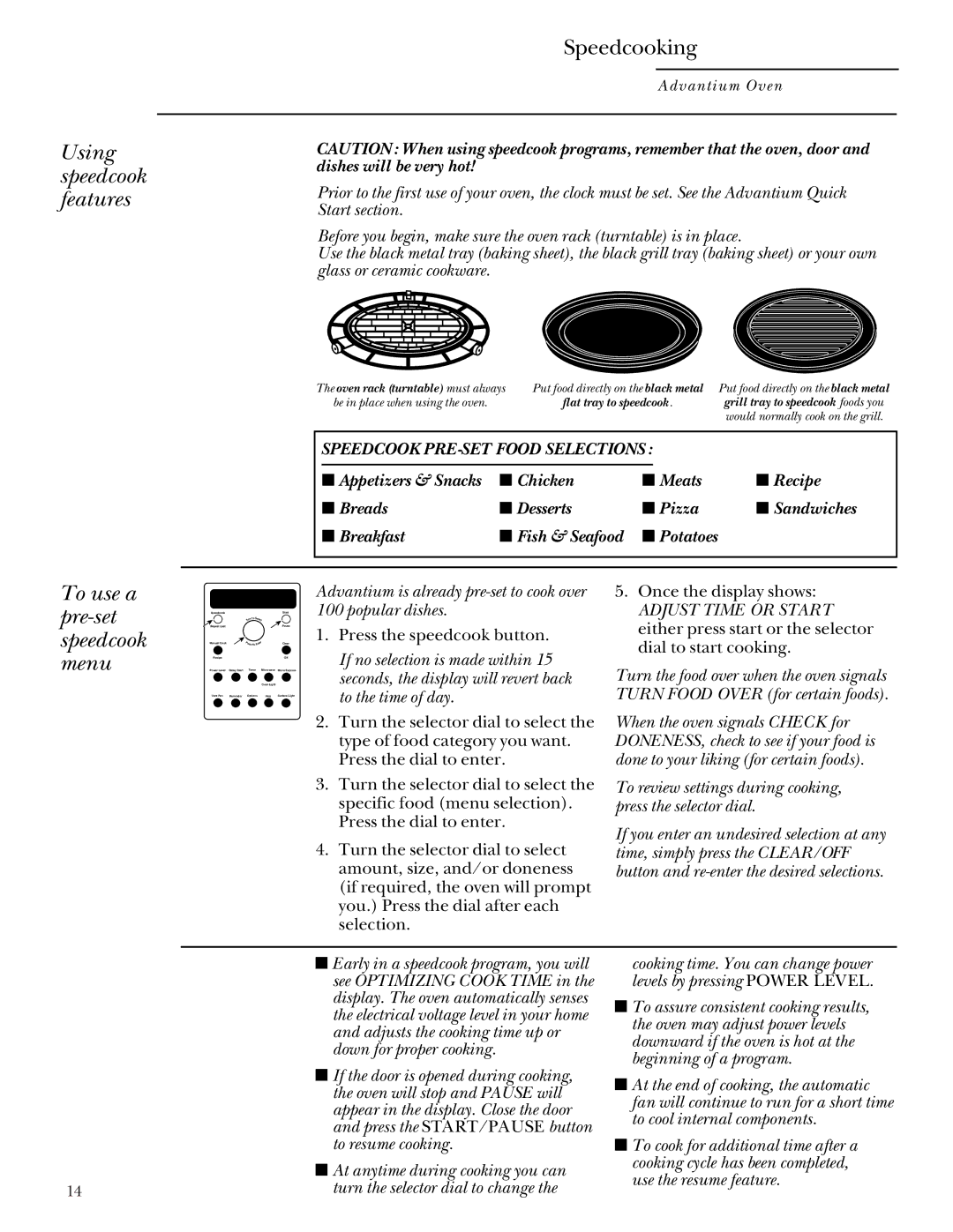 GE SCA 2000 Using speedcook features, Speedcooking, To use a pre-set speedcook menu, Speedcook PRE-SET Food Selections 