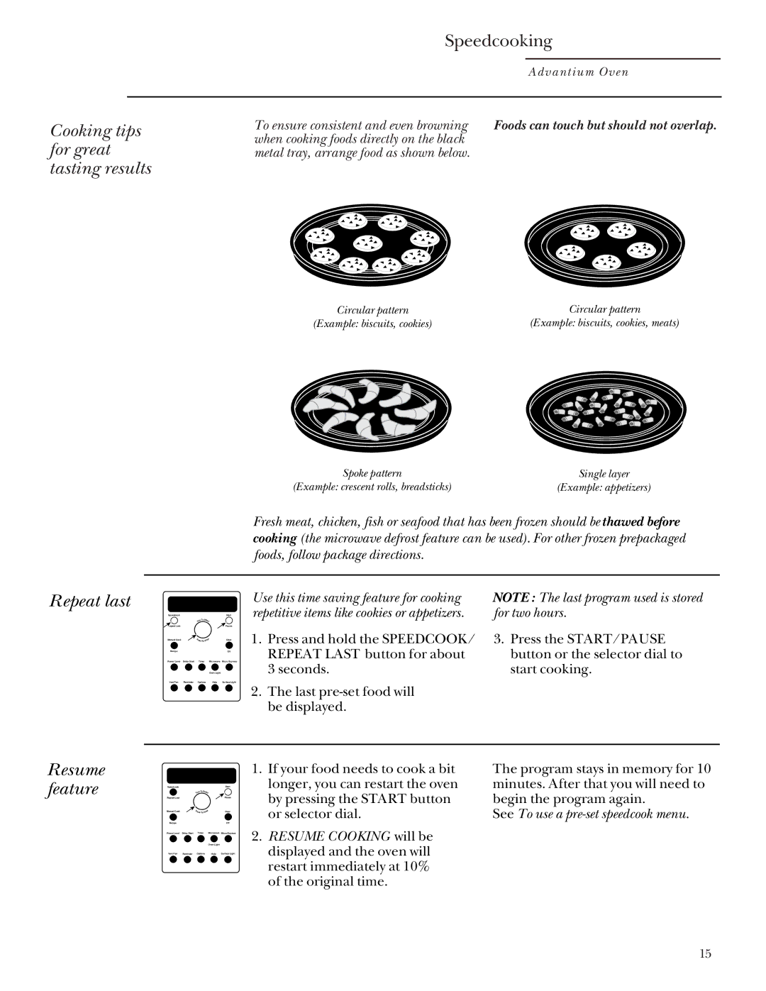 GE SCA 2001 Cooking tips for great tasting results, Repeat last, Resume feature, To ensure consistent and even browning 