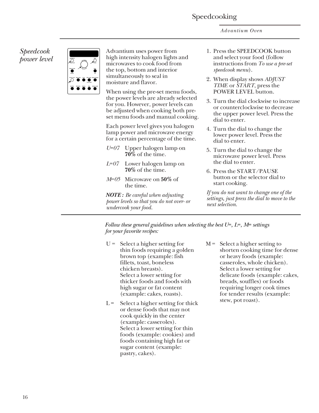 GE SCA 2000, SCA 2001 owner manual Speedcook power level 