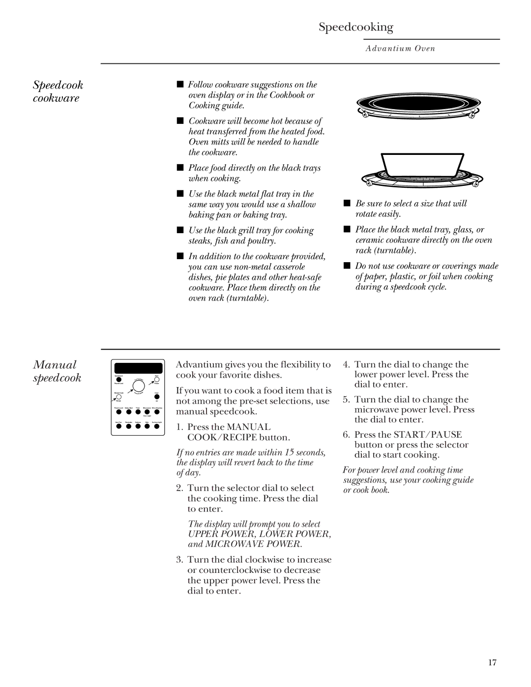 GE SCA 2001, SCA 2000 owner manual Speedcook cookware, Manual speedcook, Place food directly on the black trays when cooking 