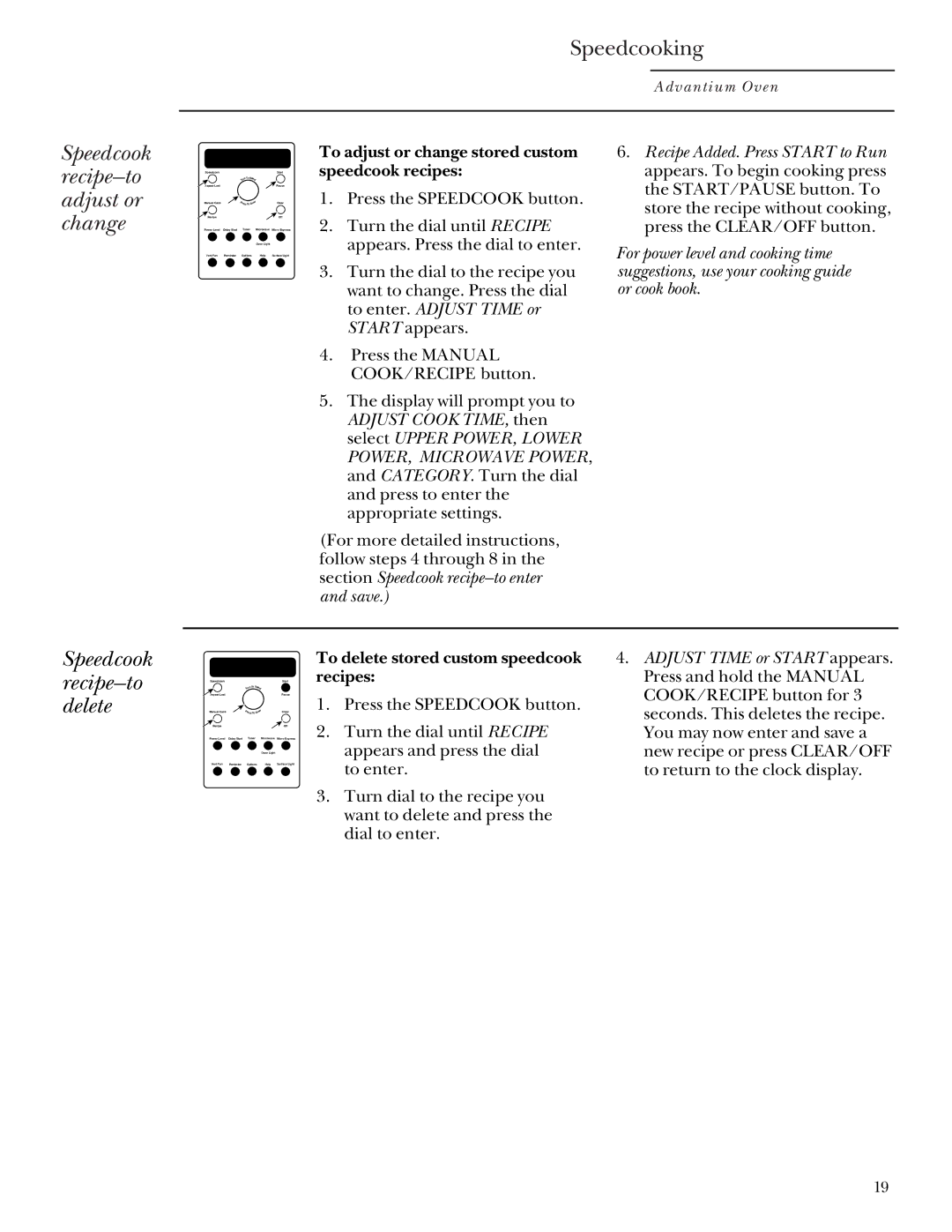 GE SCA 2001, SCA 2000 owner manual Speedcook recipe-to adjust or change, Speedcook recipe-to delete, Save 