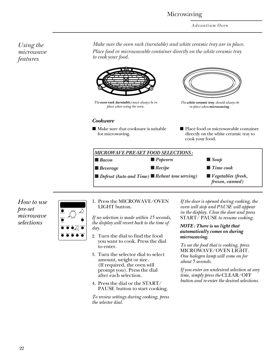 GE SCA 2000, SCA 2001 owner manual Using the microwave features, Microwaving, How to use pre-set microwave selections 