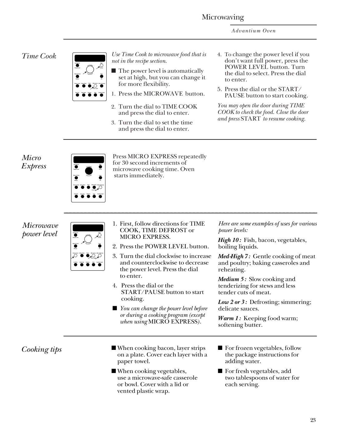 GE SCA 2001, SCA 2000 owner manual Time Cook, Micro Express, Microwave power level, Cooking tips 